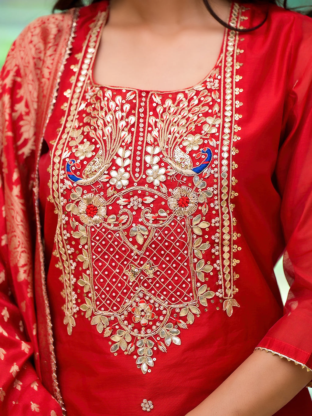 Noe Velarro Red Embroidered Chanderi Silk Kurta pants with Banarashi Dupatta