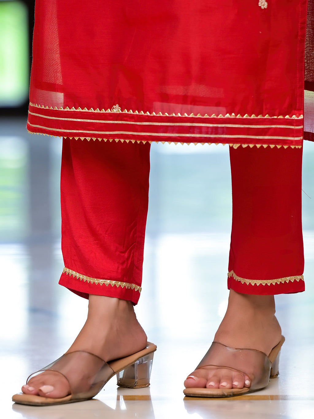 Noe Velarro Red Embroidered Chanderi Silk Kurta pants with Banarashi Dupatta