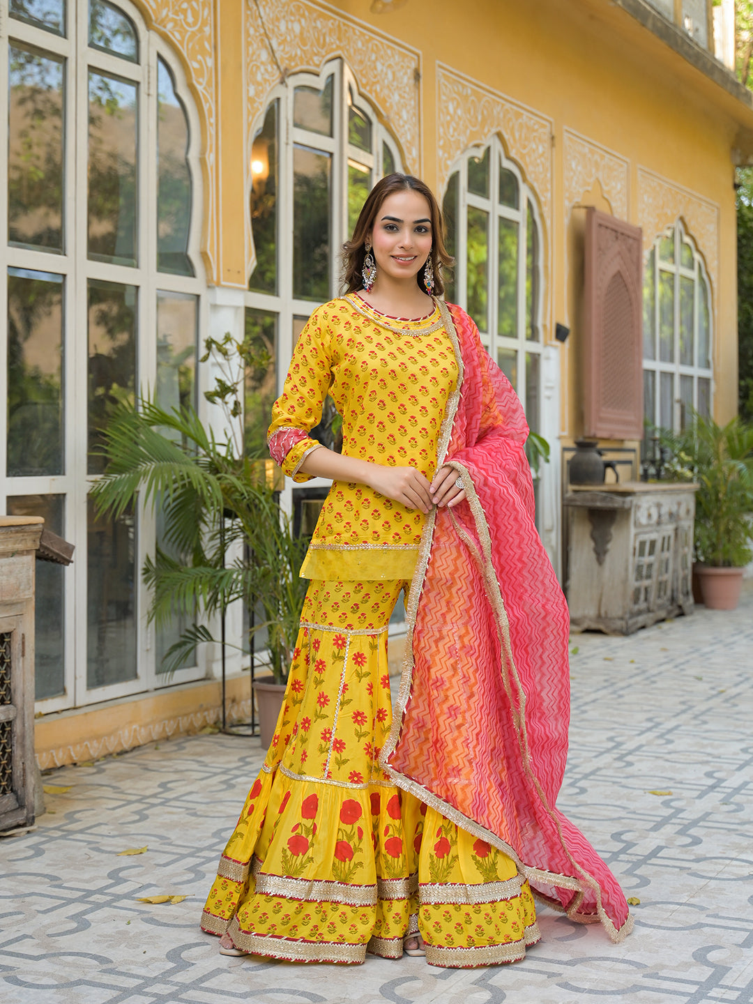 Noe Velarro Yellow Muslin Kurti Sharara with Dupatta
