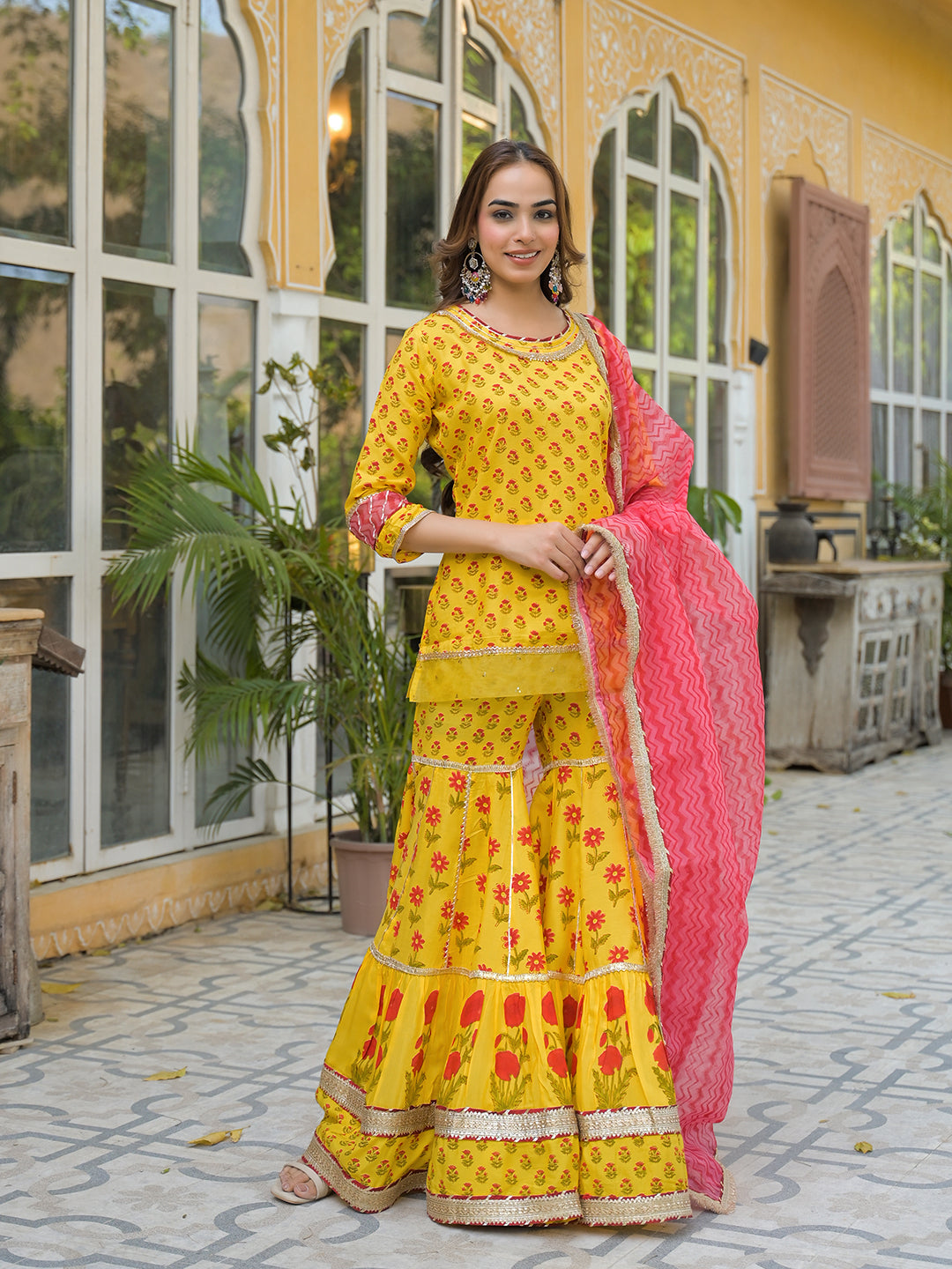 Noe Velarro Yellow Muslin Kurti Sharara with Dupatta