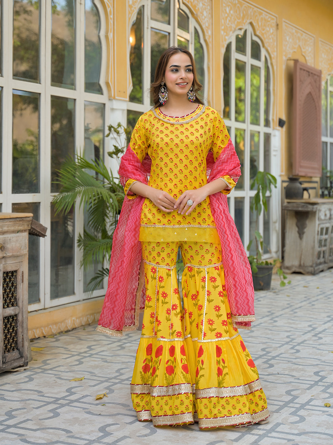 Noe Velarro Yellow Muslin Kurti Sharara with Dupatta
