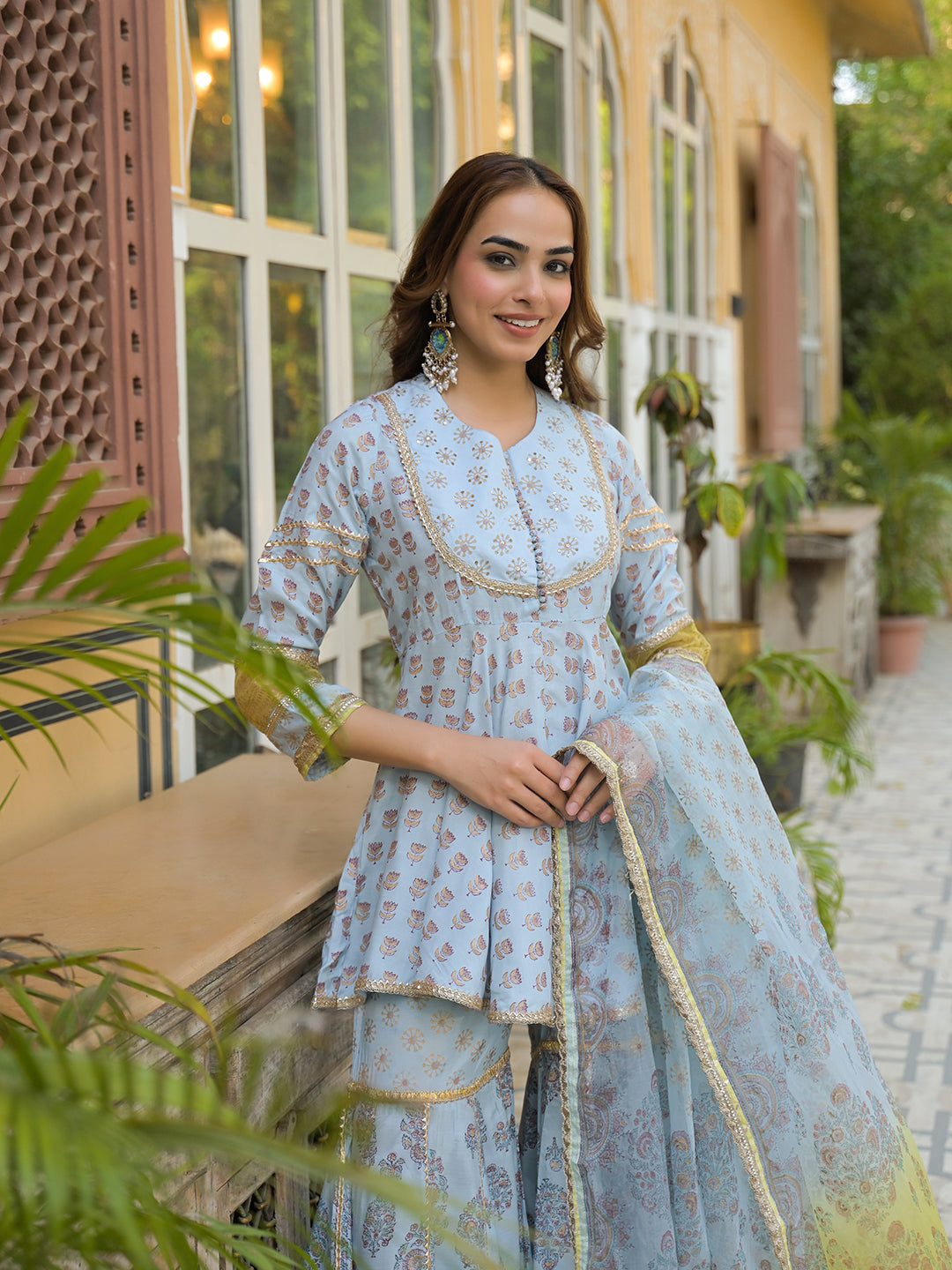 Noe Velarro Sky Blue Muslin Kurti Sharara with Dupatta