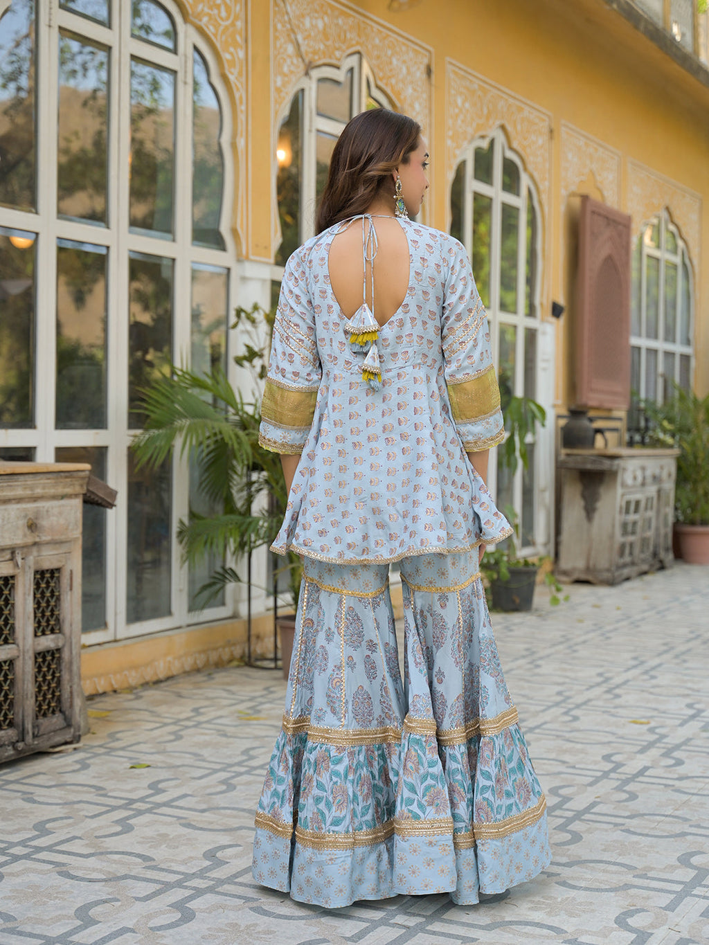 Noe Velarro Sky Blue Muslin Kurti Sharara with Dupatta