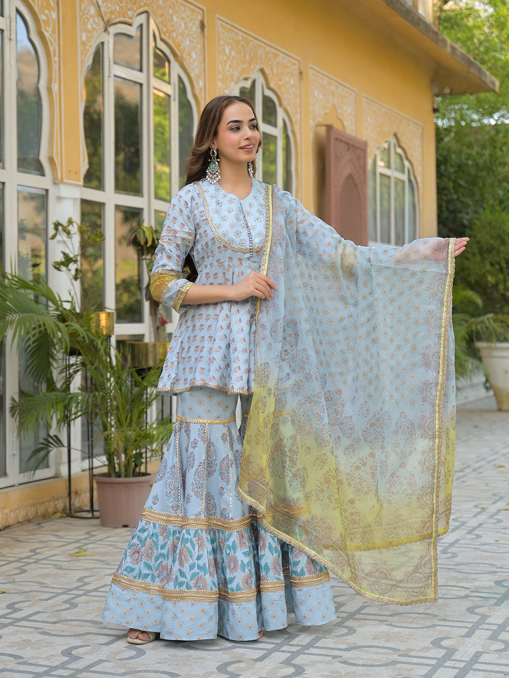 Noe Velarro Sky Blue Muslin Kurti Sharara with Dupatta