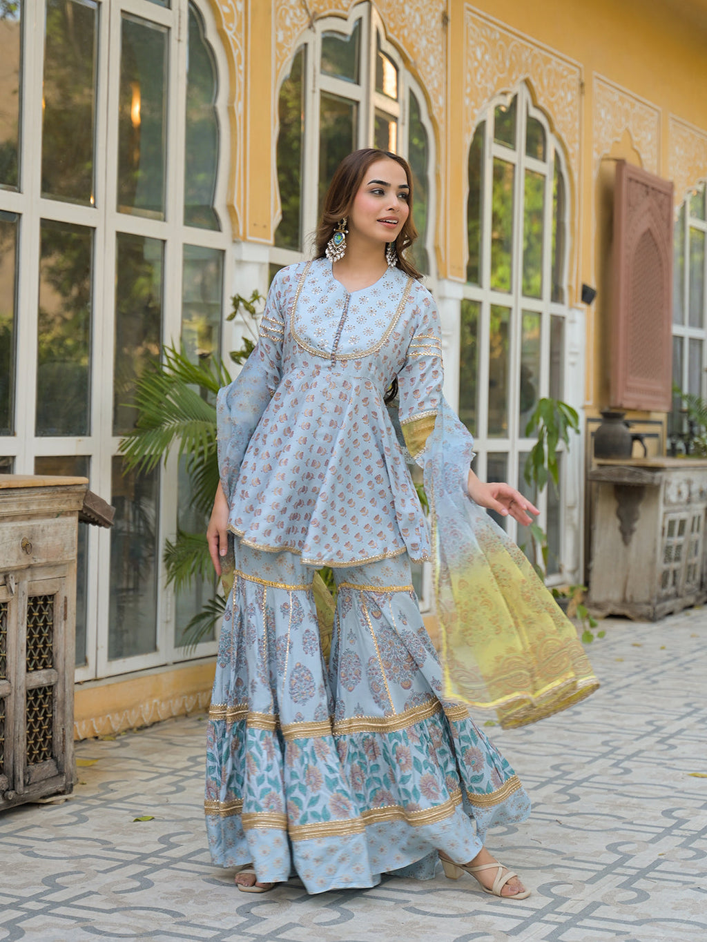Noe Velarro Sky Blue Muslin Kurti Sharara with Dupatta