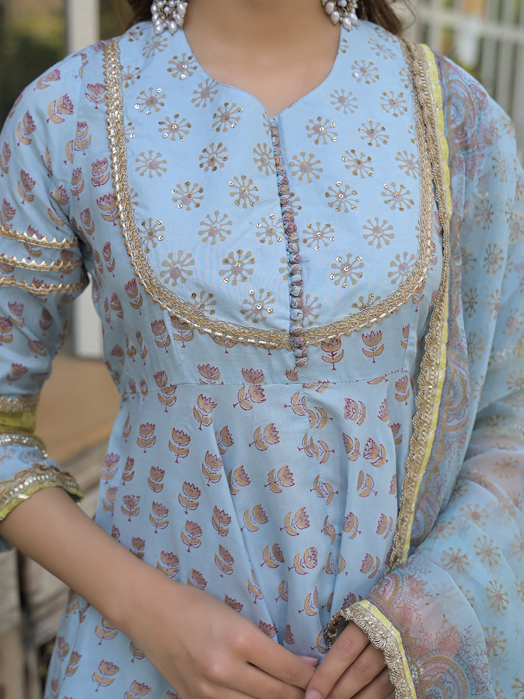 Noe Velarro Sky Blue Muslin Kurti Sharara with Dupatta