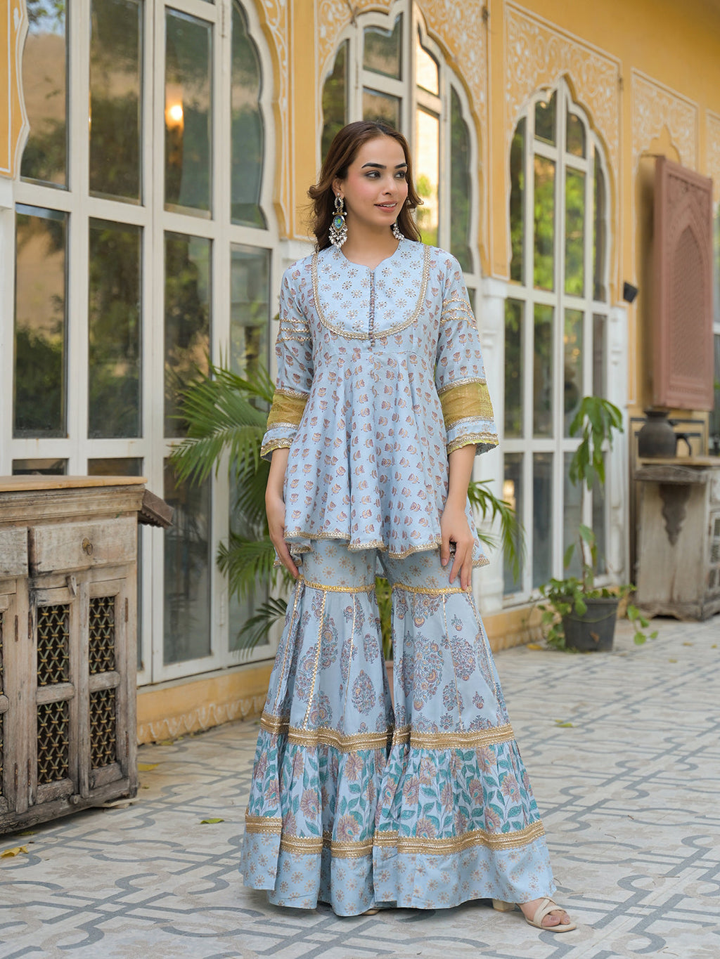 Noe Velarro Sky Blue Muslin Kurti Sharara with Dupatta