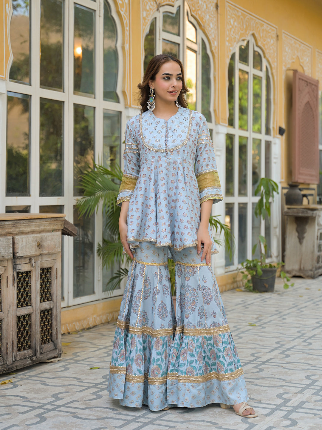 Noe Velarro Sky Blue Muslin Kurti Sharara with Dupatta