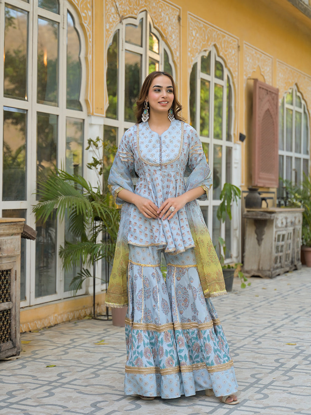 Noe Velarro Sky Blue Muslin Kurti Sharara with Dupatta