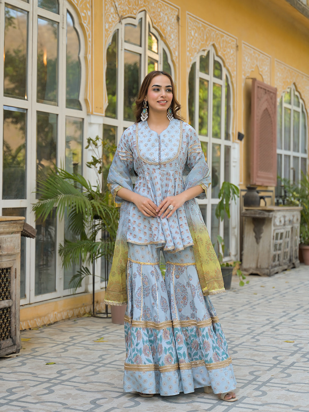 Noe Velarro Sky Blue Muslin Kurti Sharara with Dupatta