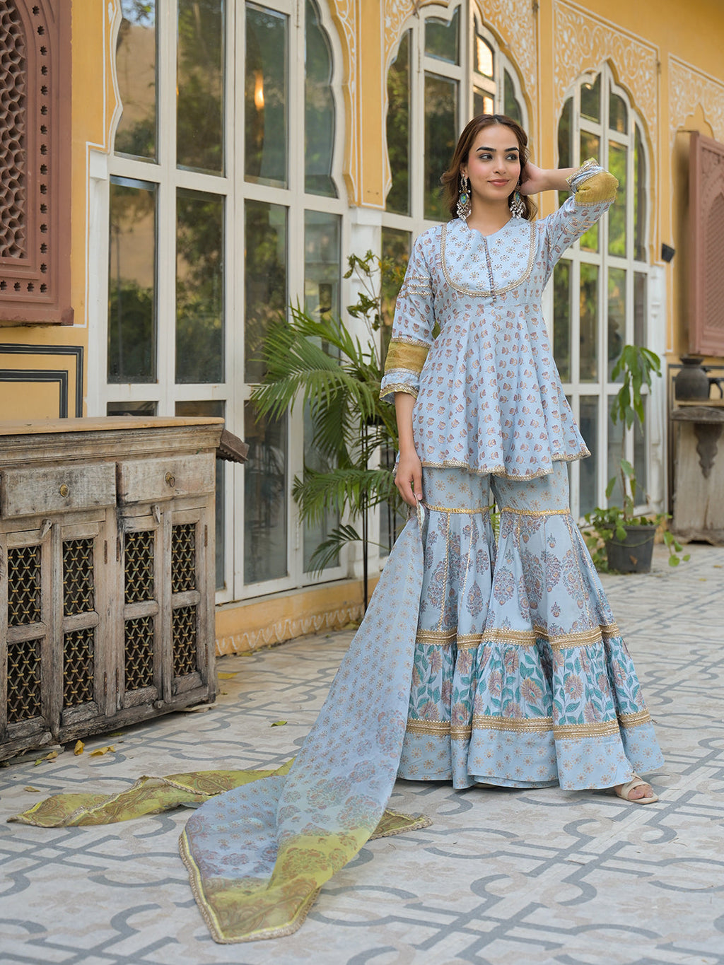 Noe Velarro Sky Blue Muslin Kurti Sharara with Dupatta
