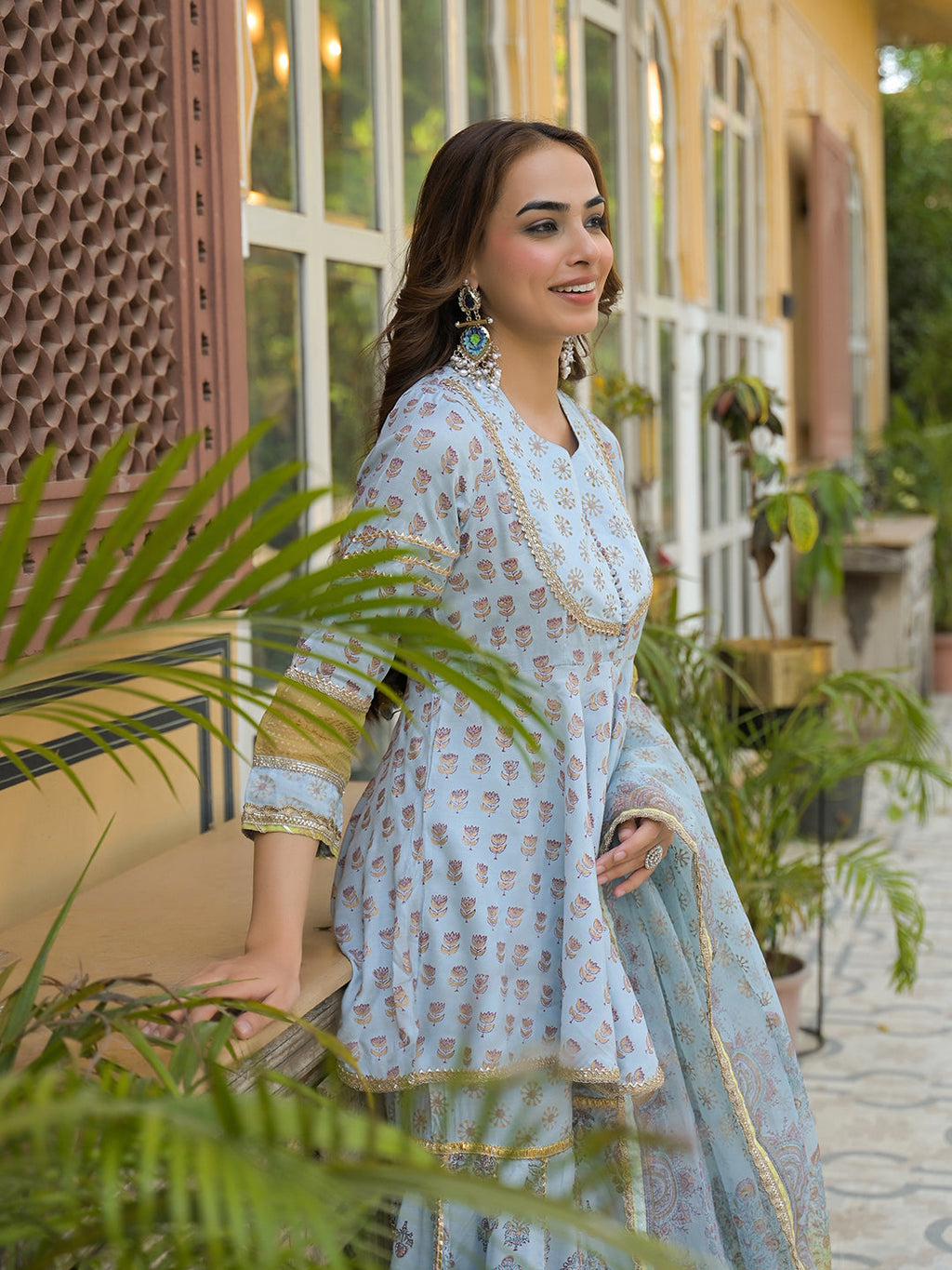 Noe Velarro Sky Blue Muslin Kurti Sharara with Dupatta