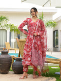 Noe Velarro Floral Printed Red Cotton Alia Cut Kurta Set for women