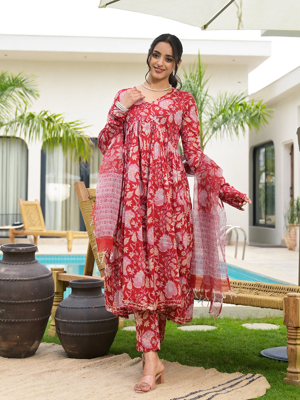 Noe Velarro Floral Printed Red Cotton Alia Cut Kurta Set for women