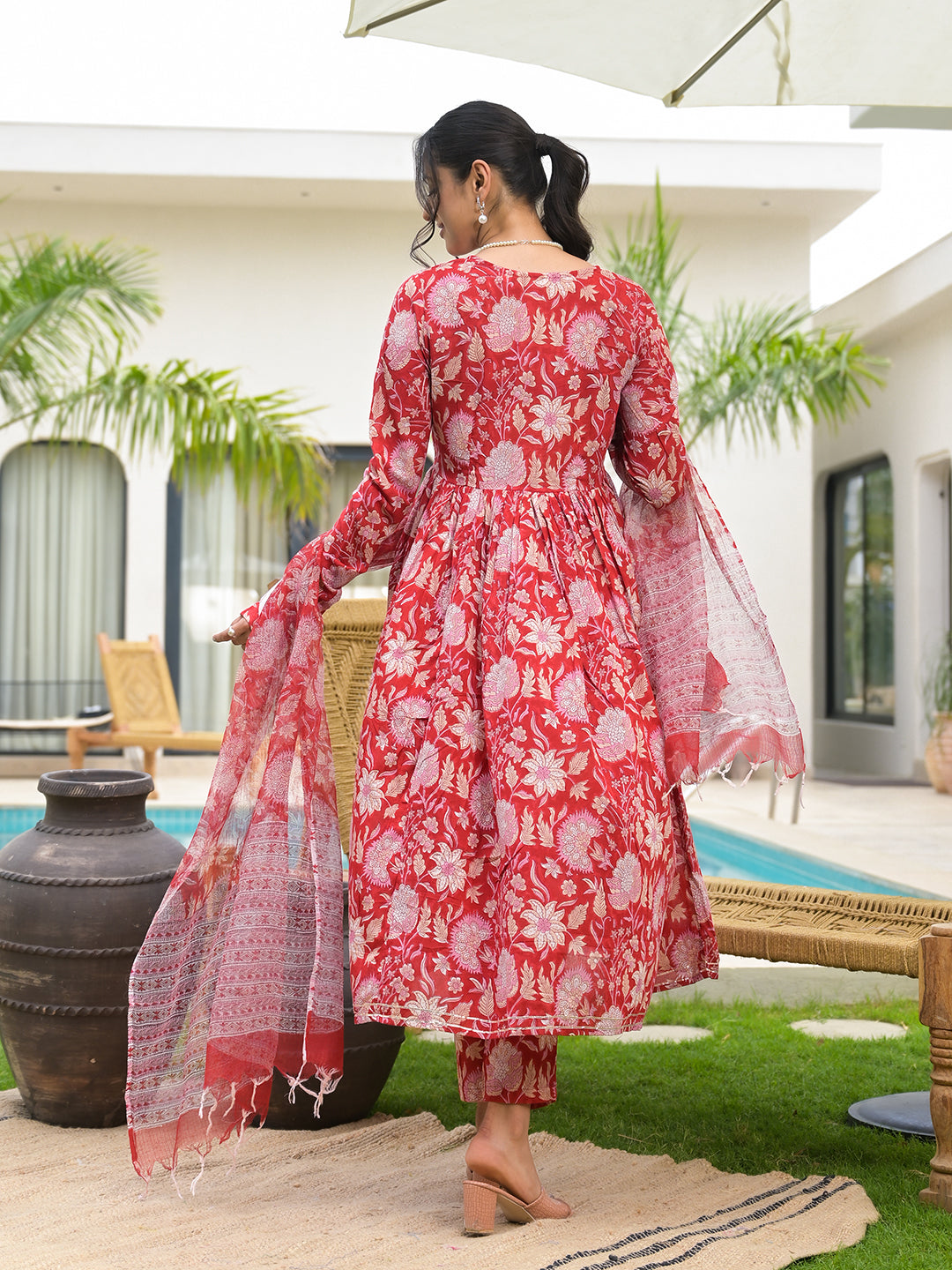 Noe Velarro Floral Printed Red Cotton Alia Cut Kurta Set for women