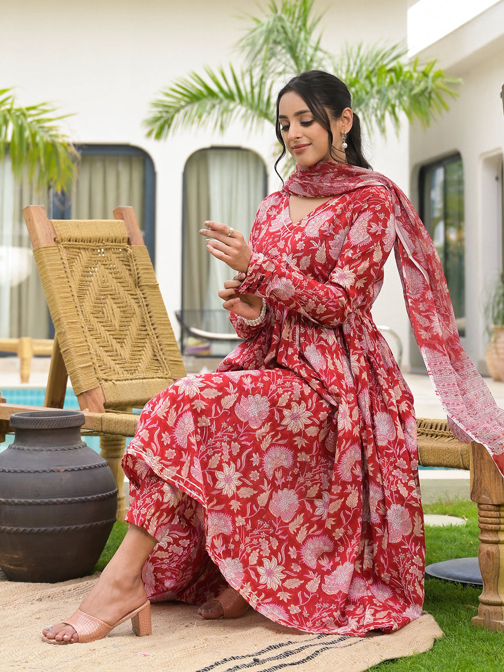 Noe Velarro Floral Printed Red Cotton Alia Cut Kurta Set for women