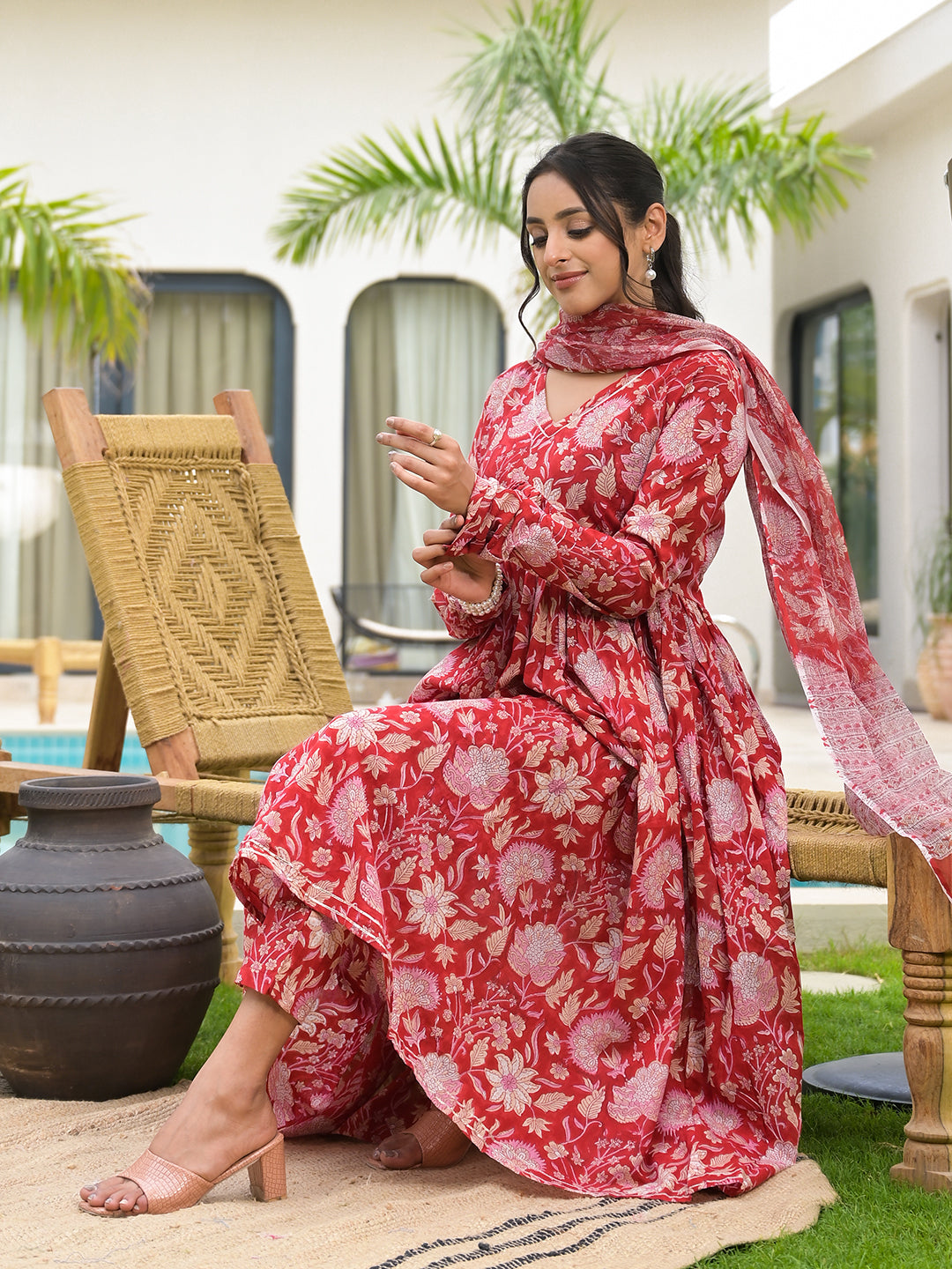 Noe Velarro Floral Printed Red Cotton Alia Cut Kurta Set for women
