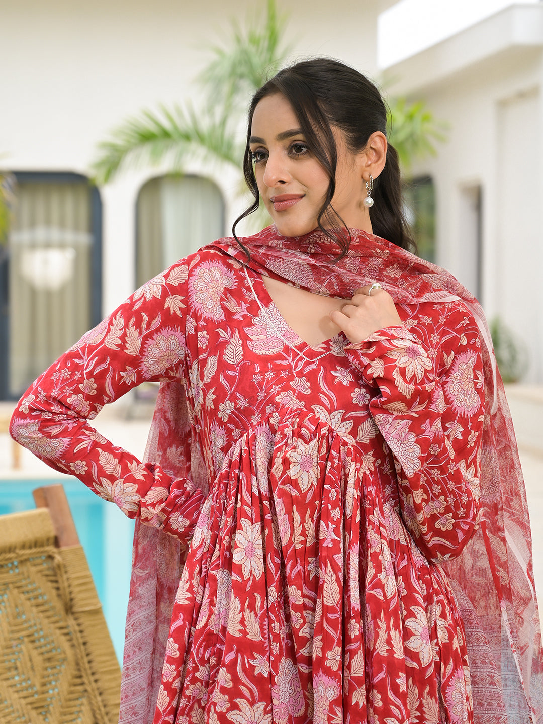 Noe Velarro Floral Printed Red Cotton Alia Cut Kurta Set for women