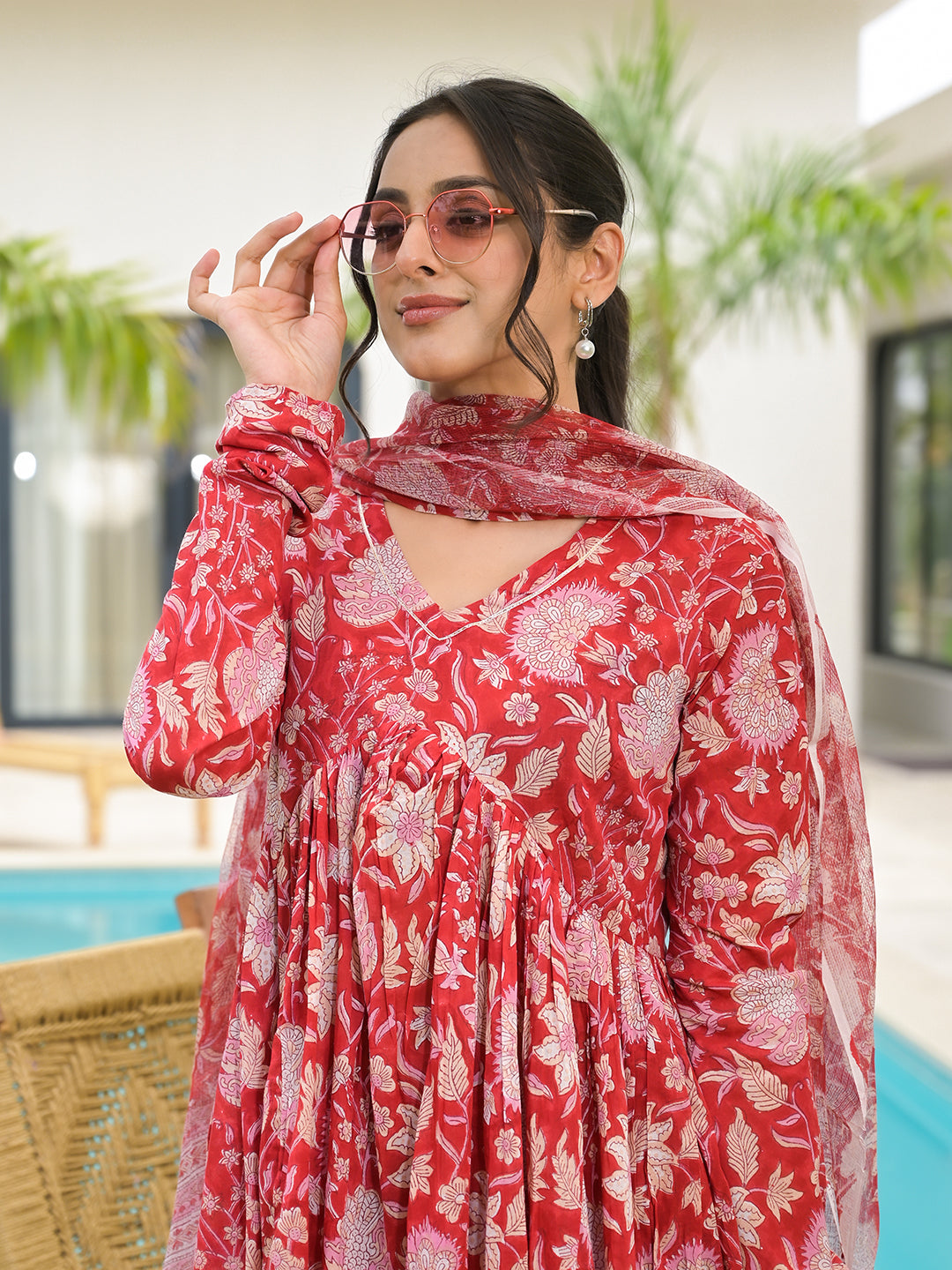Noe Velarro Floral Printed Red Cotton Alia Cut Kurta Set for women