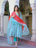 Noe Velarro Turquoise blue Floral Muslin Printed Kurta Pand with Dupatta