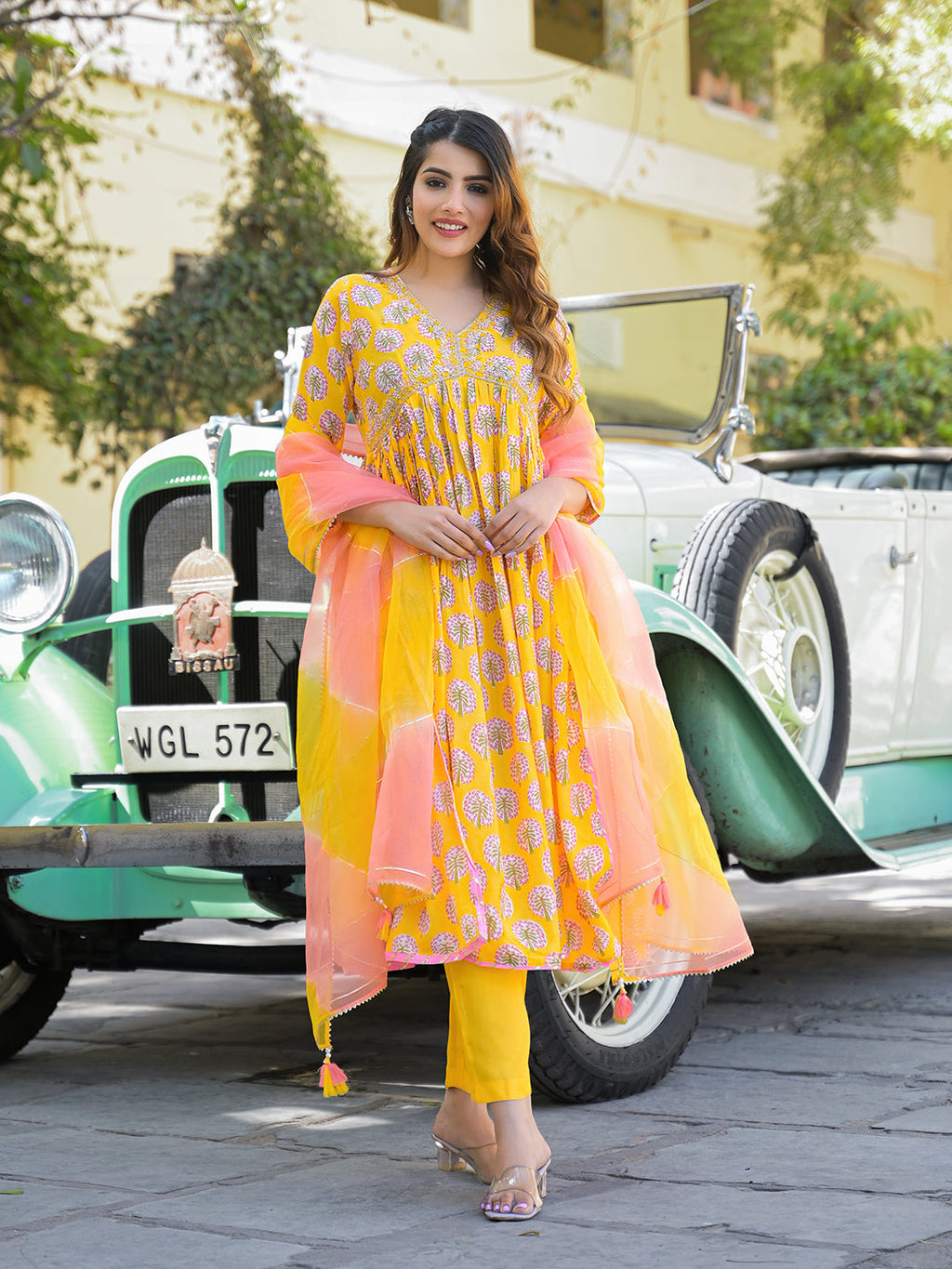 Noe Velarro Yellow Floral Print Muslin Fabric A-Line Kurta Pant With Dupatta