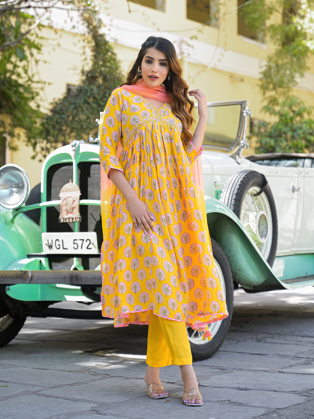 Noe Velarro Yellow Floral Print Muslin Fabric A-Line Kurta Pant With Dupatta
