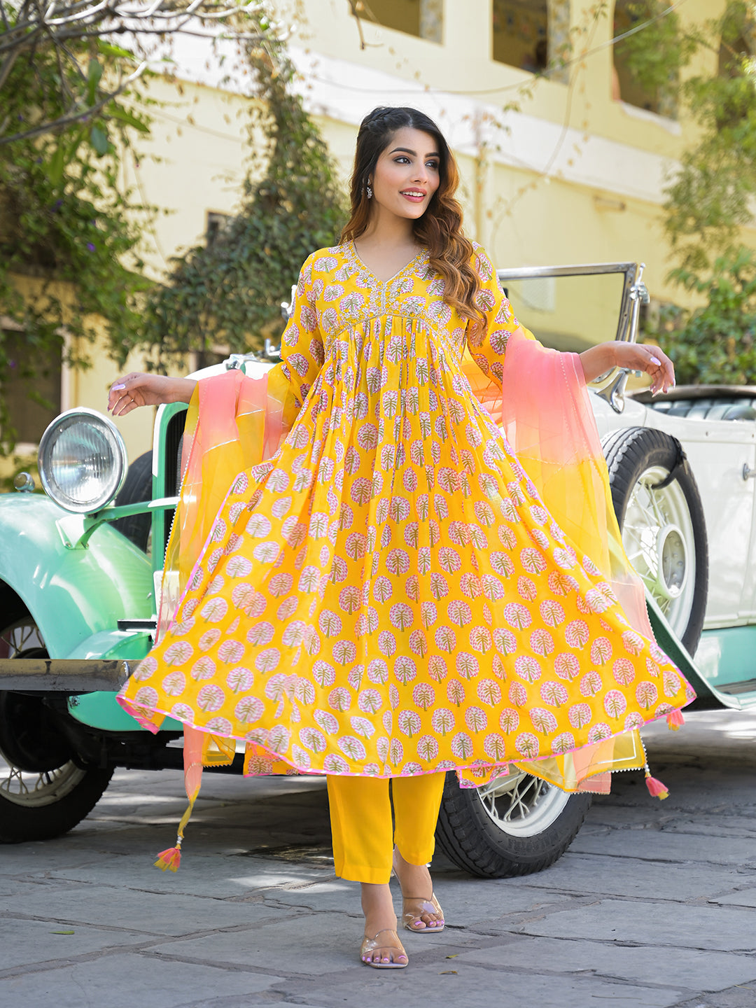 Noe Velarro Yellow Floral Print Muslin Fabric A-Line Kurta Pant With Dupatta
