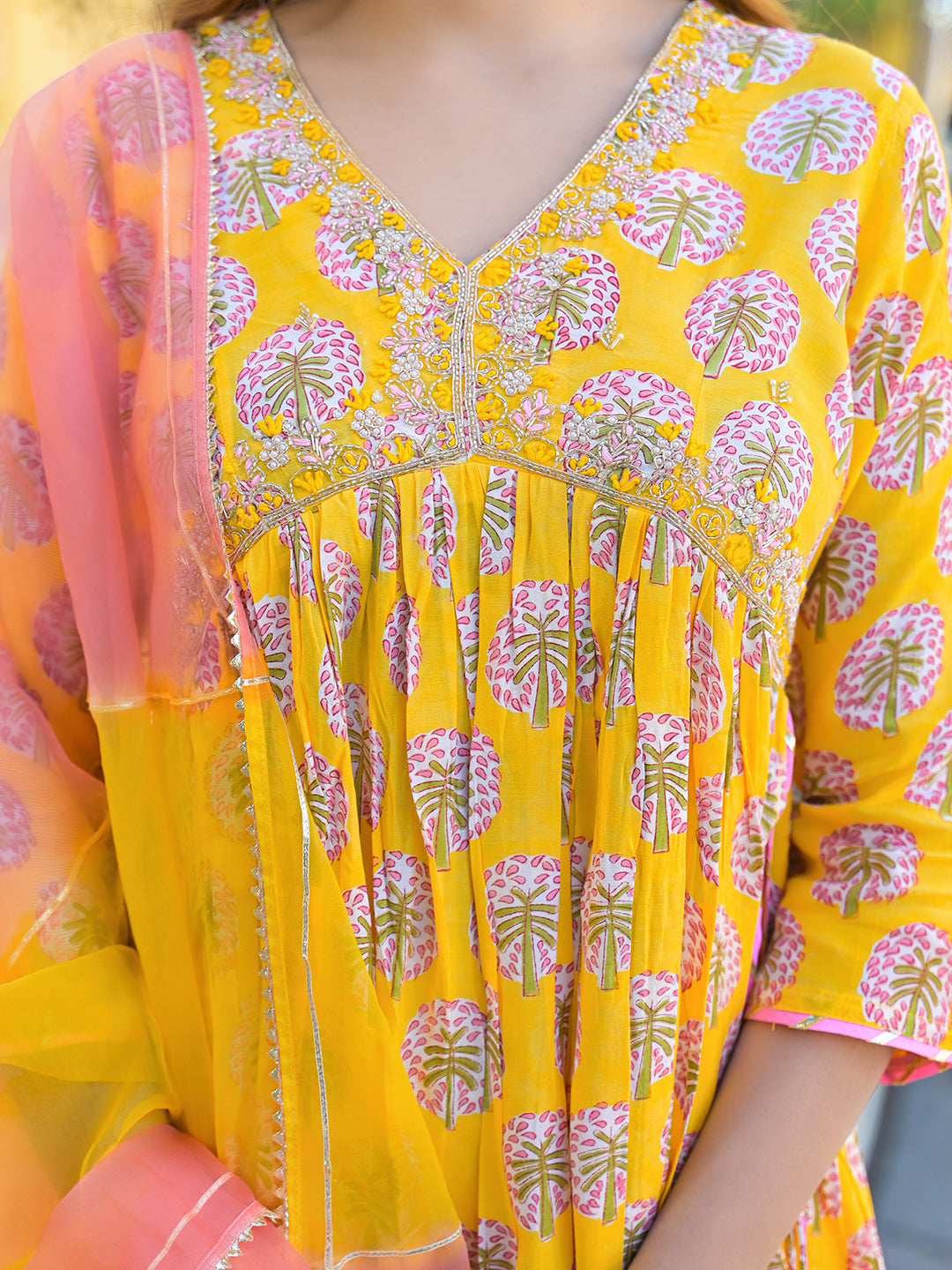 Noe Velarro Yellow Floral Print Muslin Fabric A-Line Kurta Pant With Dupatta