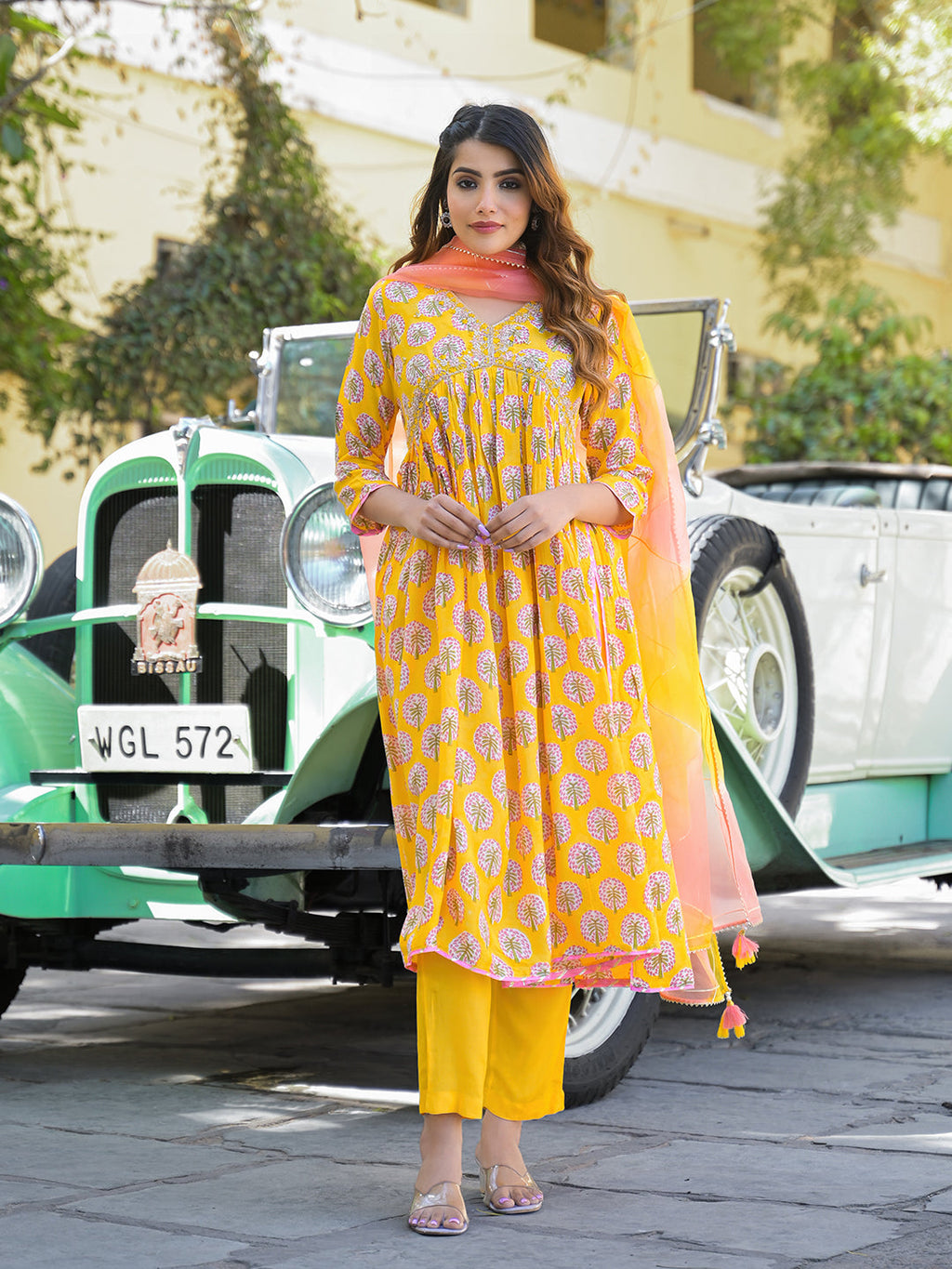 Noe Velarro Yellow Floral Print Muslin Fabric A-Line Kurta Pant With Dupatta