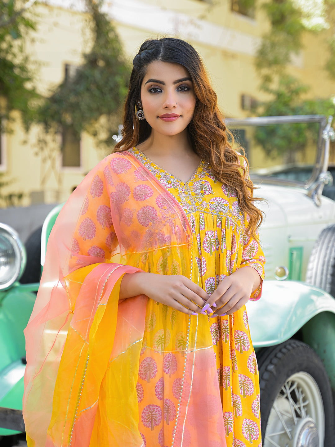 Noe Velarro Yellow Floral Print Muslin Fabric A-Line Kurta Pant With Dupatta