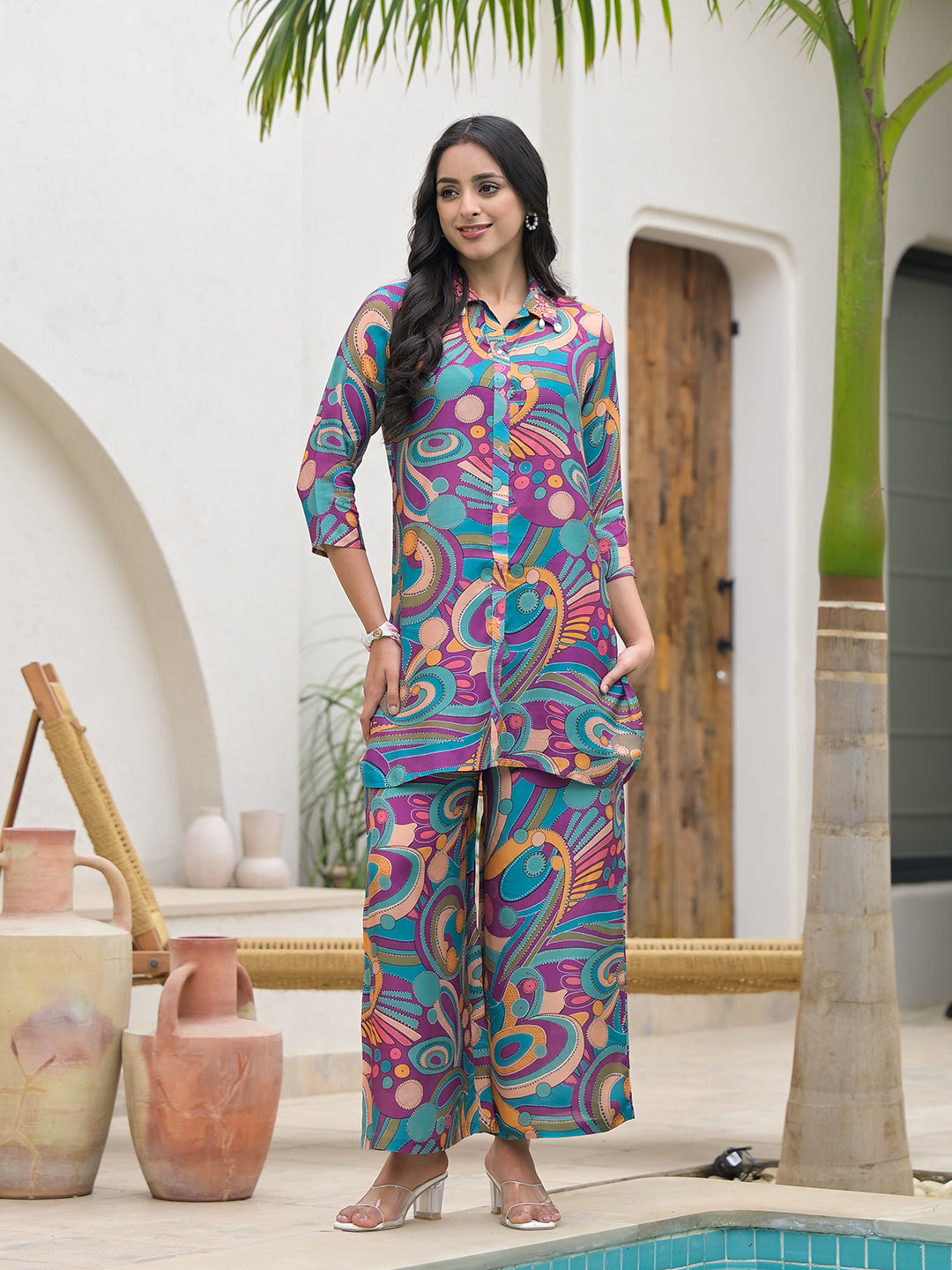 Noe Velarro Purple Multi Digital Print Muslin Co-ord set for Women