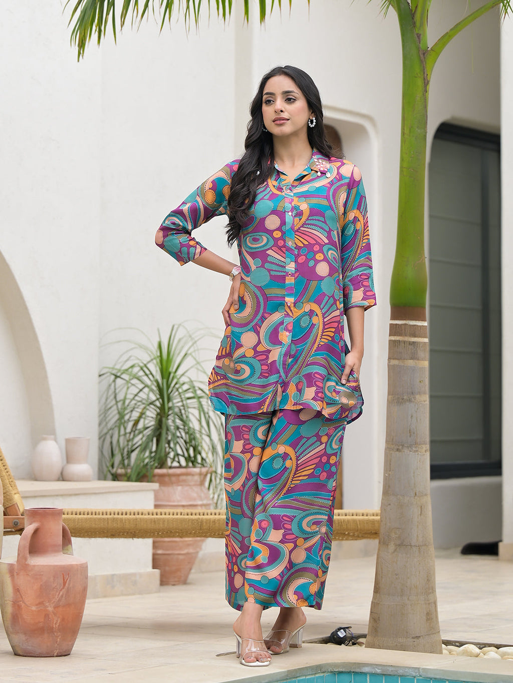 Noe Velarro Purple Multi Digital Print Muslin Co-ord set for Women