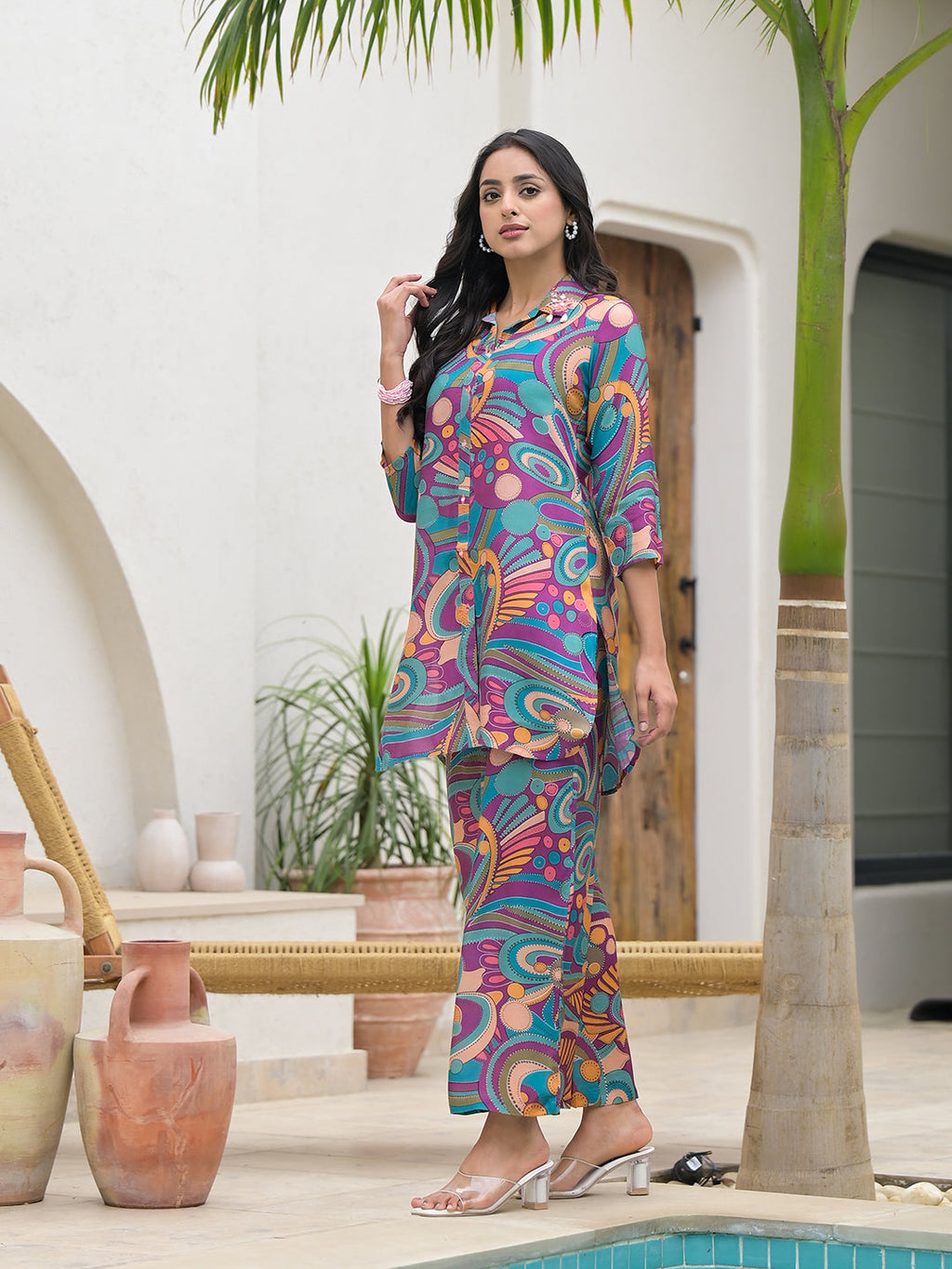 Noe Velarro Purple Multi Digital Print Muslin Co-ord set for Women