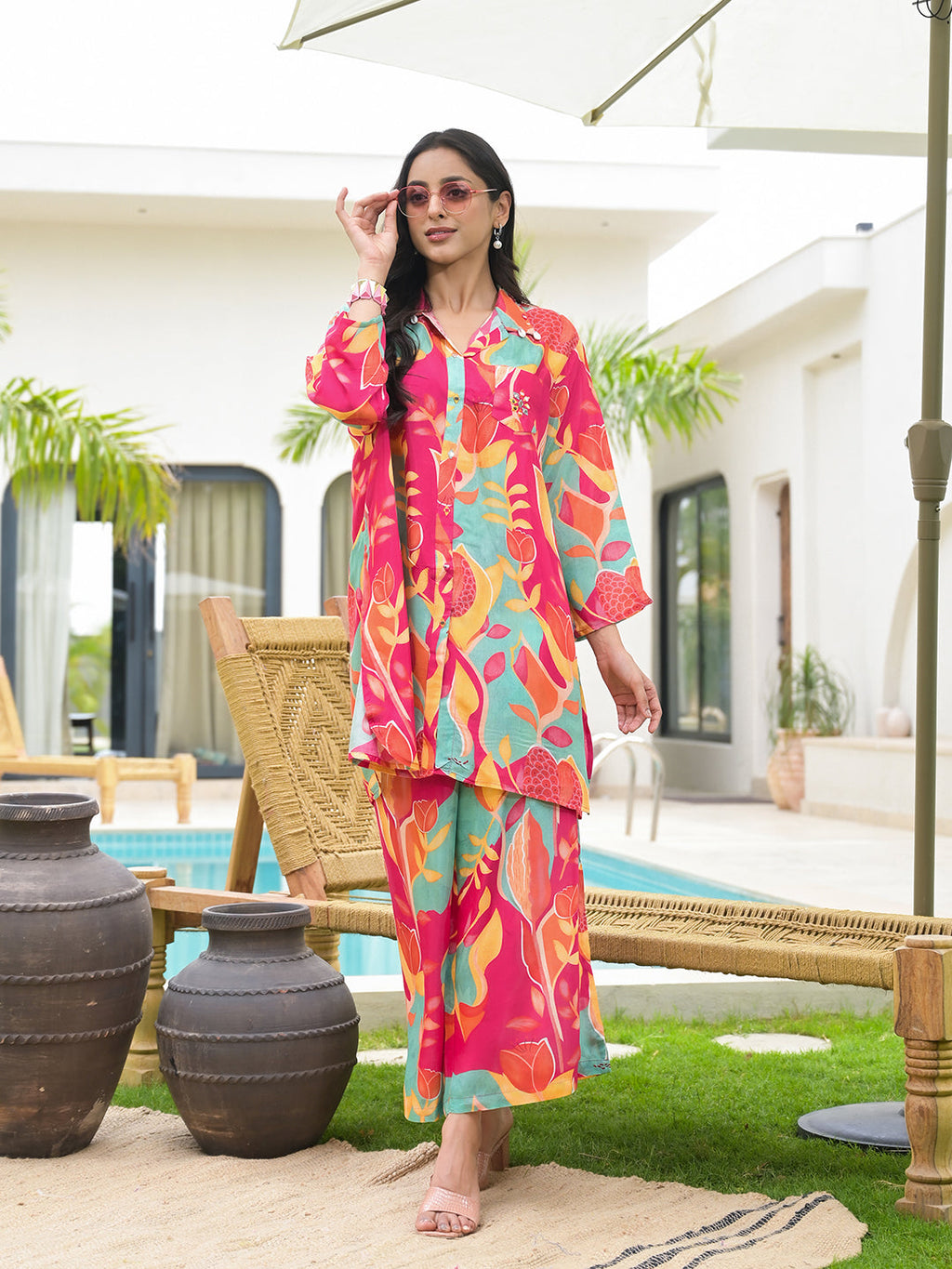 Noe Velarro Pink Multi Digital Printed Muslin Co-ord set