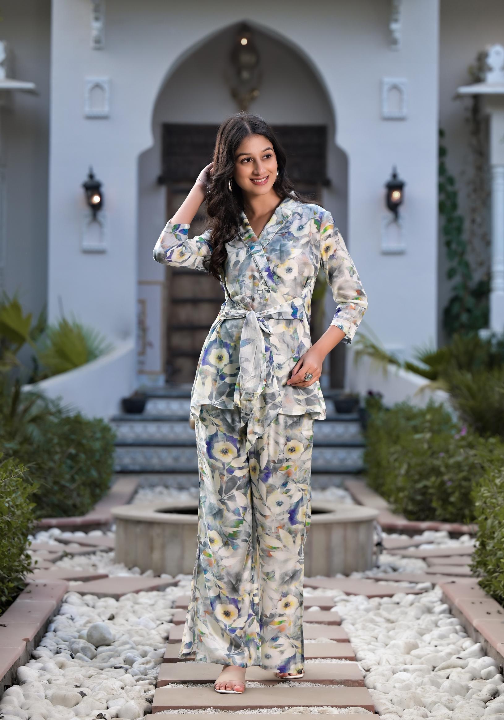 Noe Velarro Teal Digital Print Muslin Fabric Staright Co-ord set