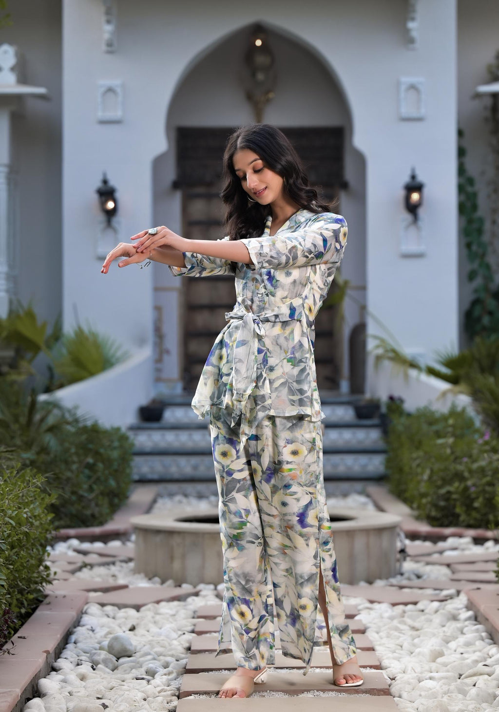 Noe Velarro Teal Digital Print Muslin Fabric Staright Co-ord set