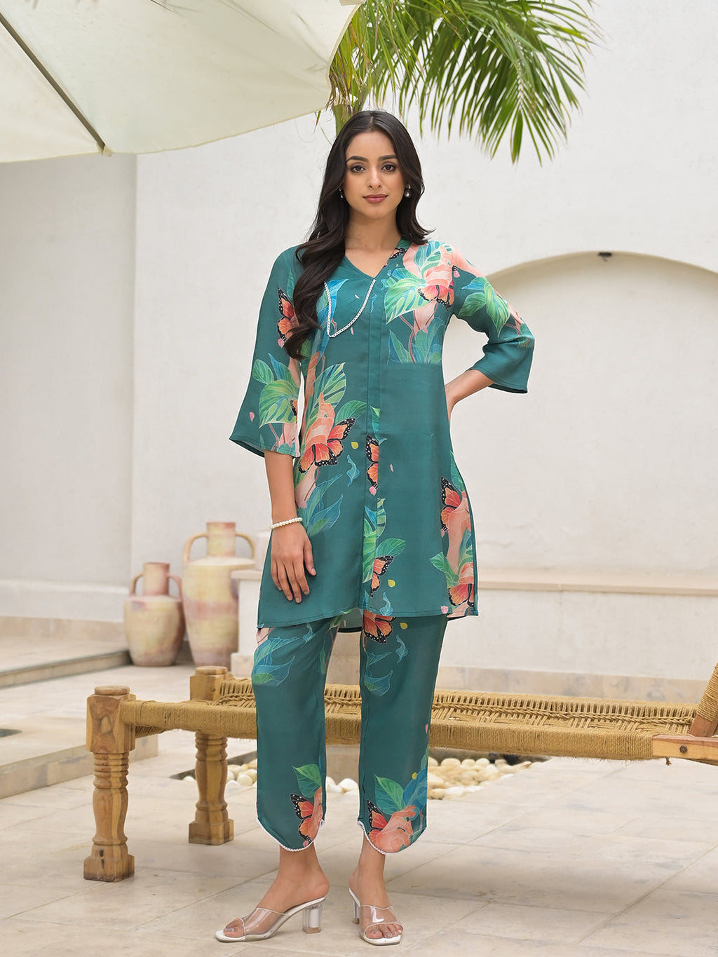 Noe Velarro Dark Green Digital Printed Muslin Co-ord set