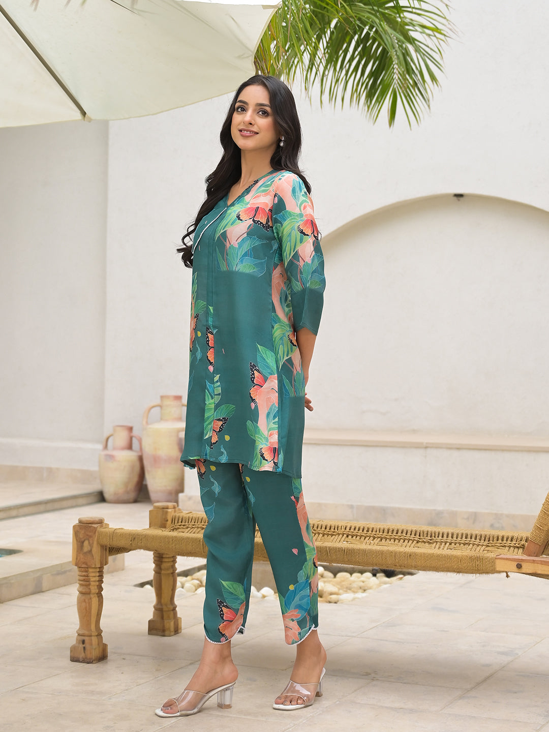 Noe Velarro Dark Green Digital Printed Muslin Co-ord set