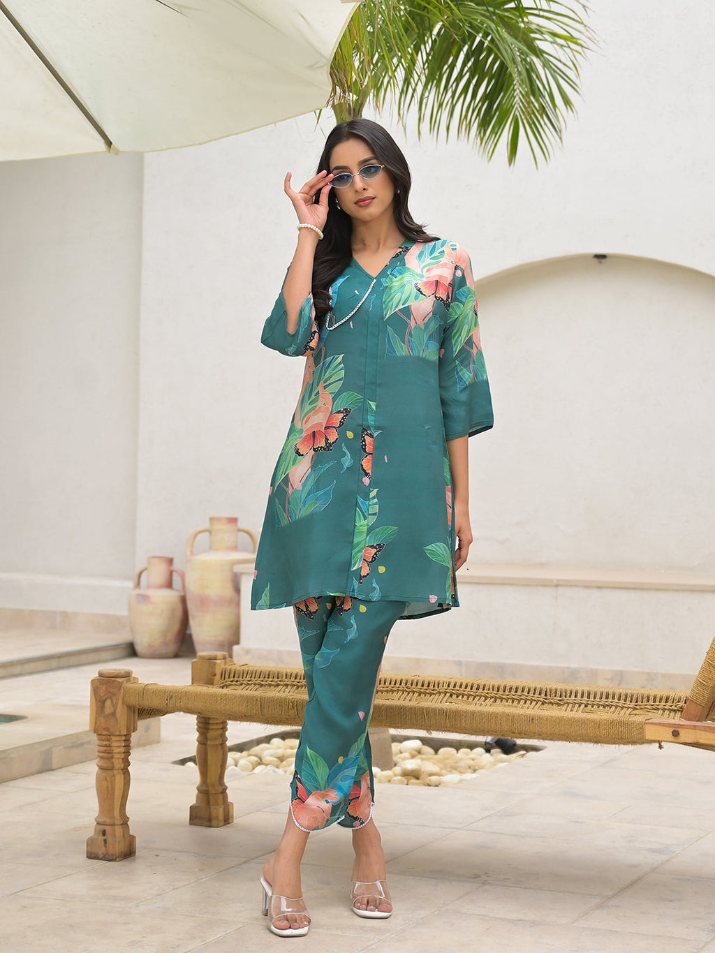 Noe Velarro Dark Green Digital Printed Muslin Co-ord set