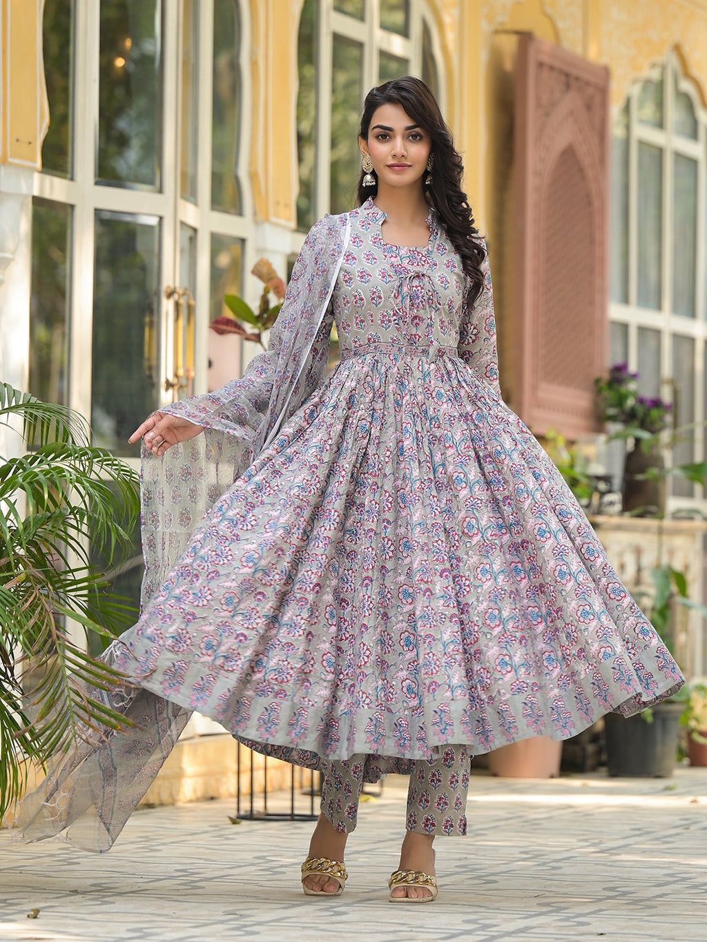 Noe Velarro Grey Floral Print Cotton Anarkali Kurta Trouser with Dupatta Set