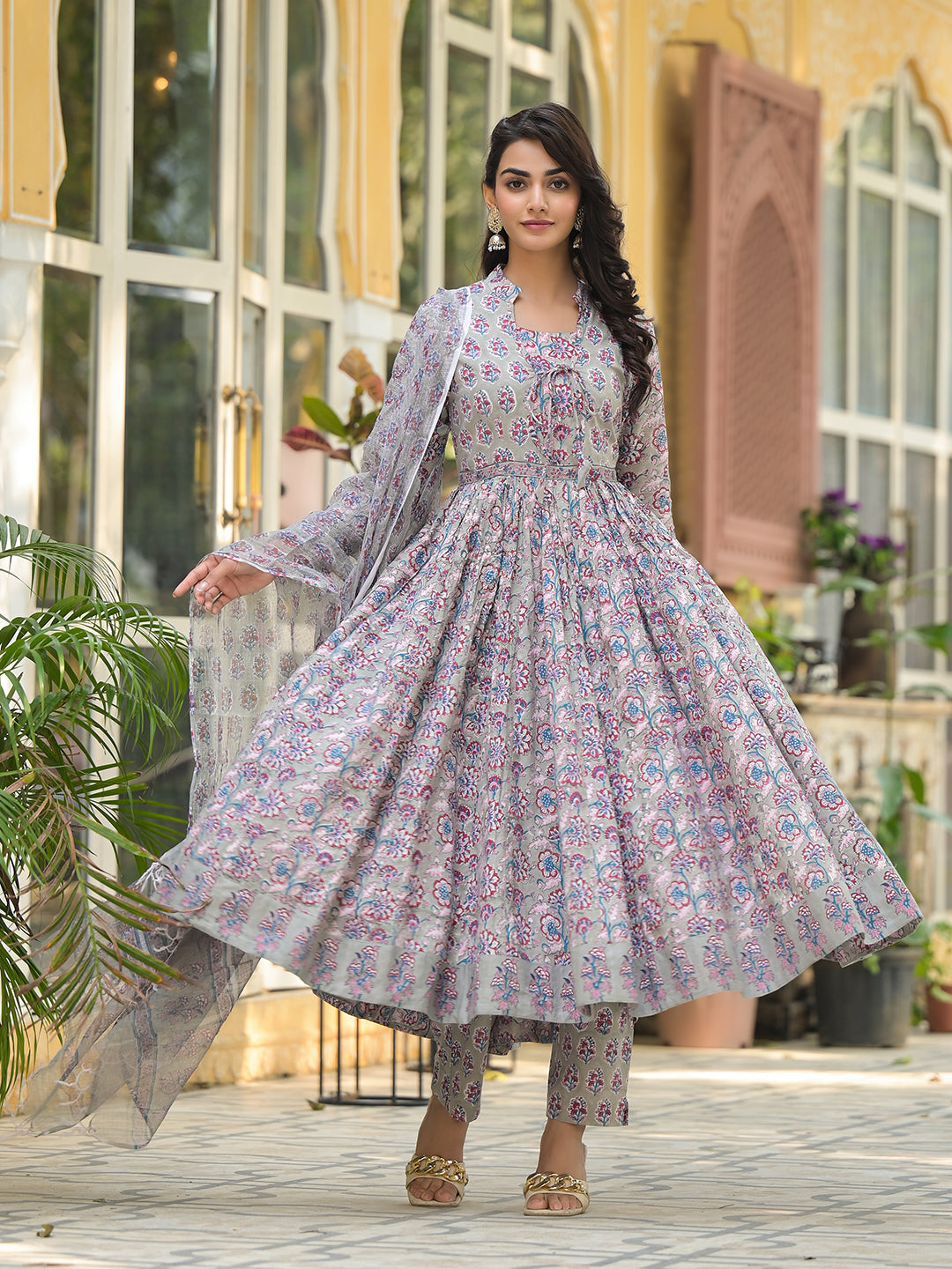 Noe Velarro Grey Floral Print Cotton Anarkali Kurta Trouser with Dupatta Set
