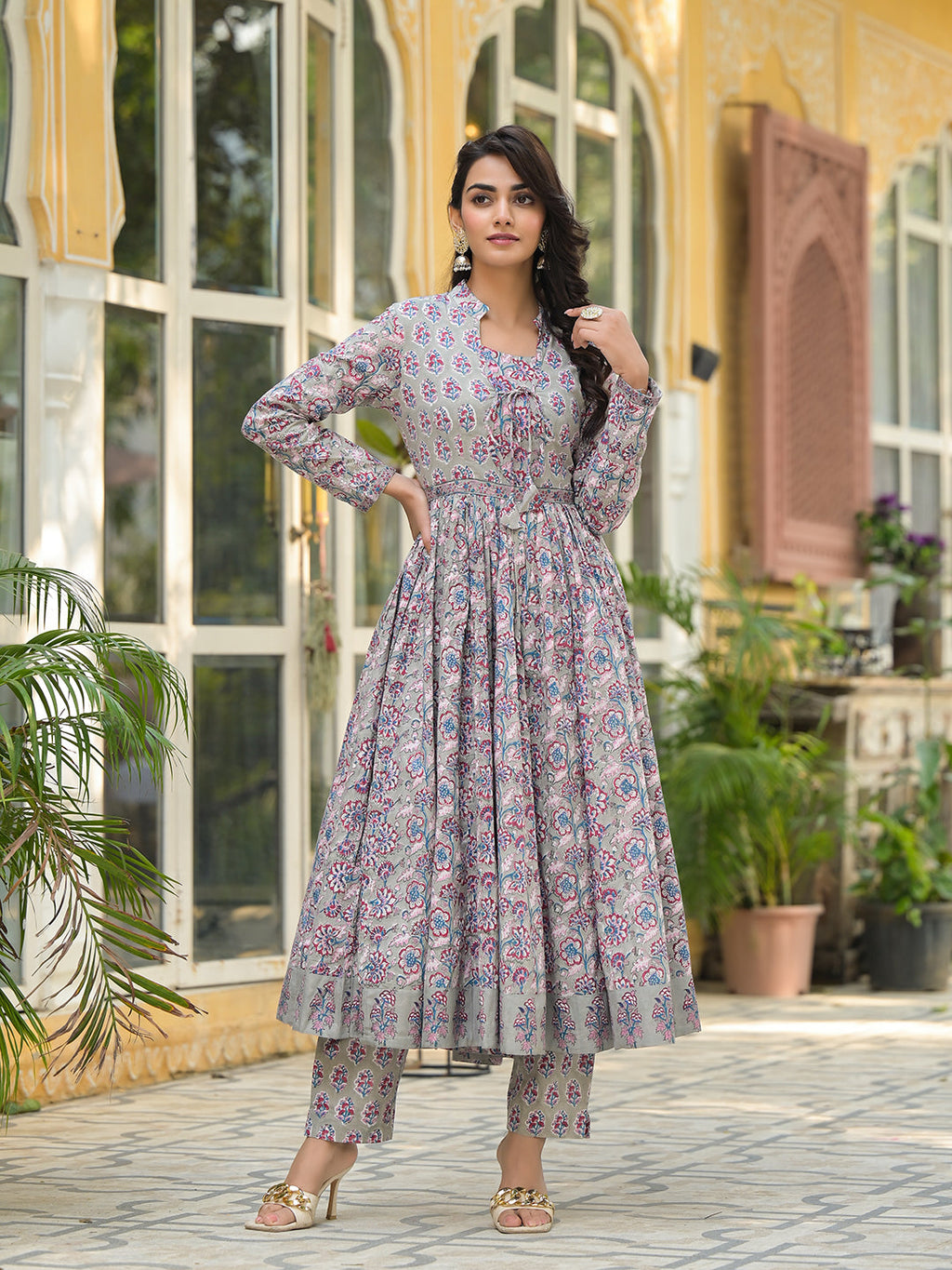 Noe Velarro Grey Floral Print Cotton Anarkali Kurta Trouser with Dupatta Set