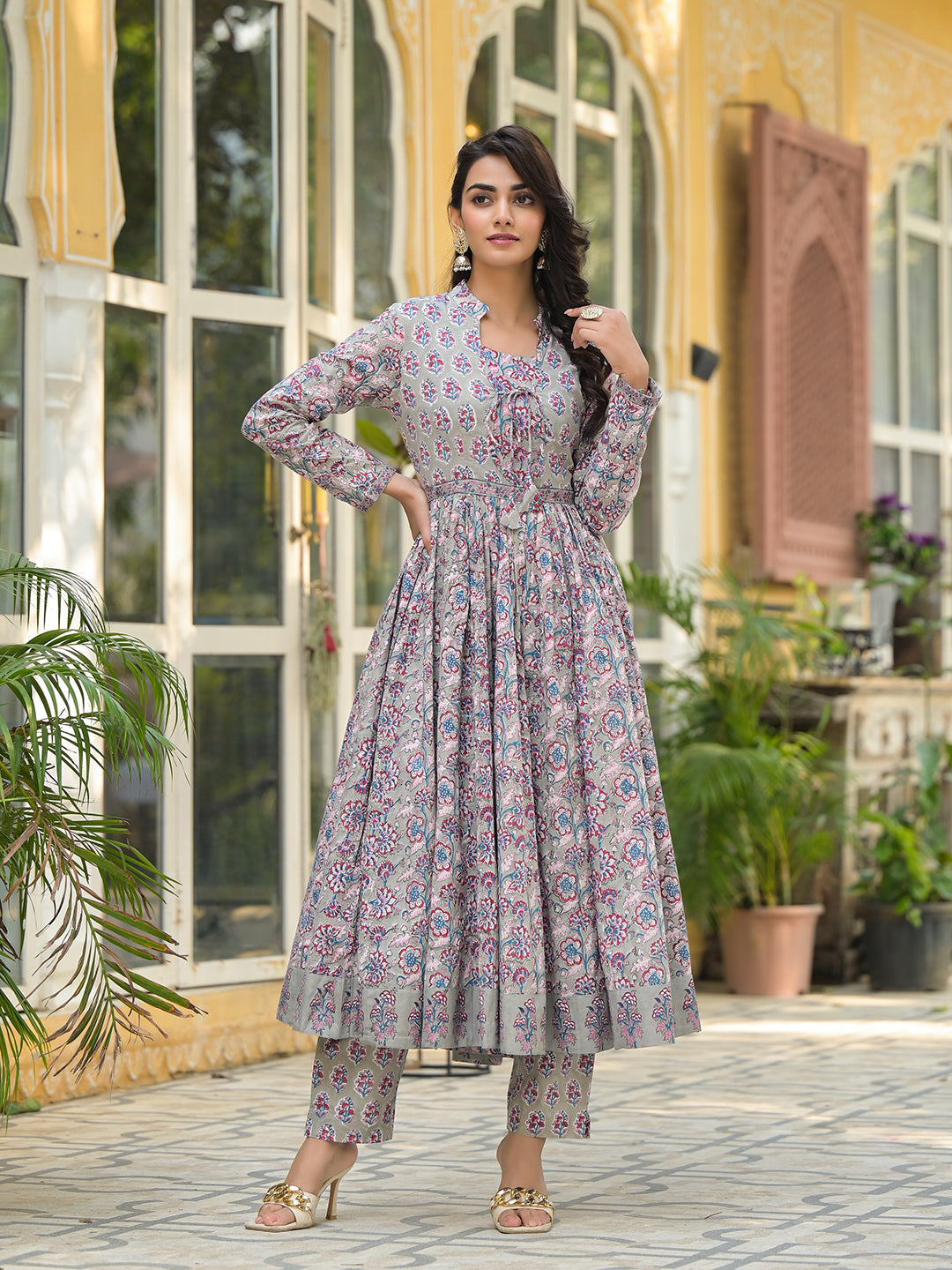 Noe Velarro Grey Floral Print Cotton Anarkali Kurta Trouser with Dupatta Set