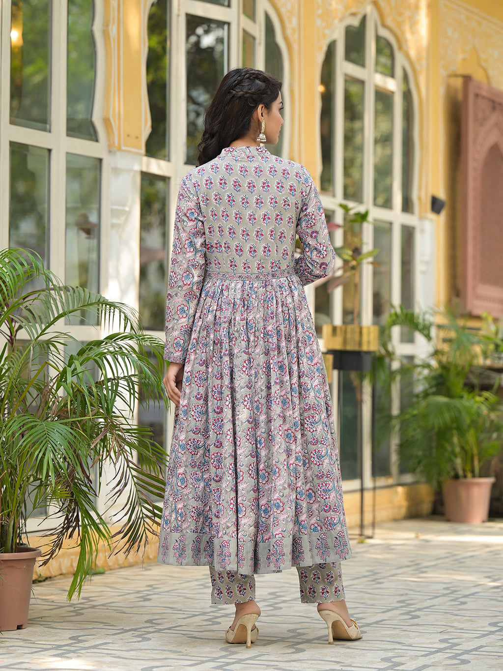 Noe Velarro Grey Floral Print Cotton Anarkali Kurta Trouser with Dupatta Set