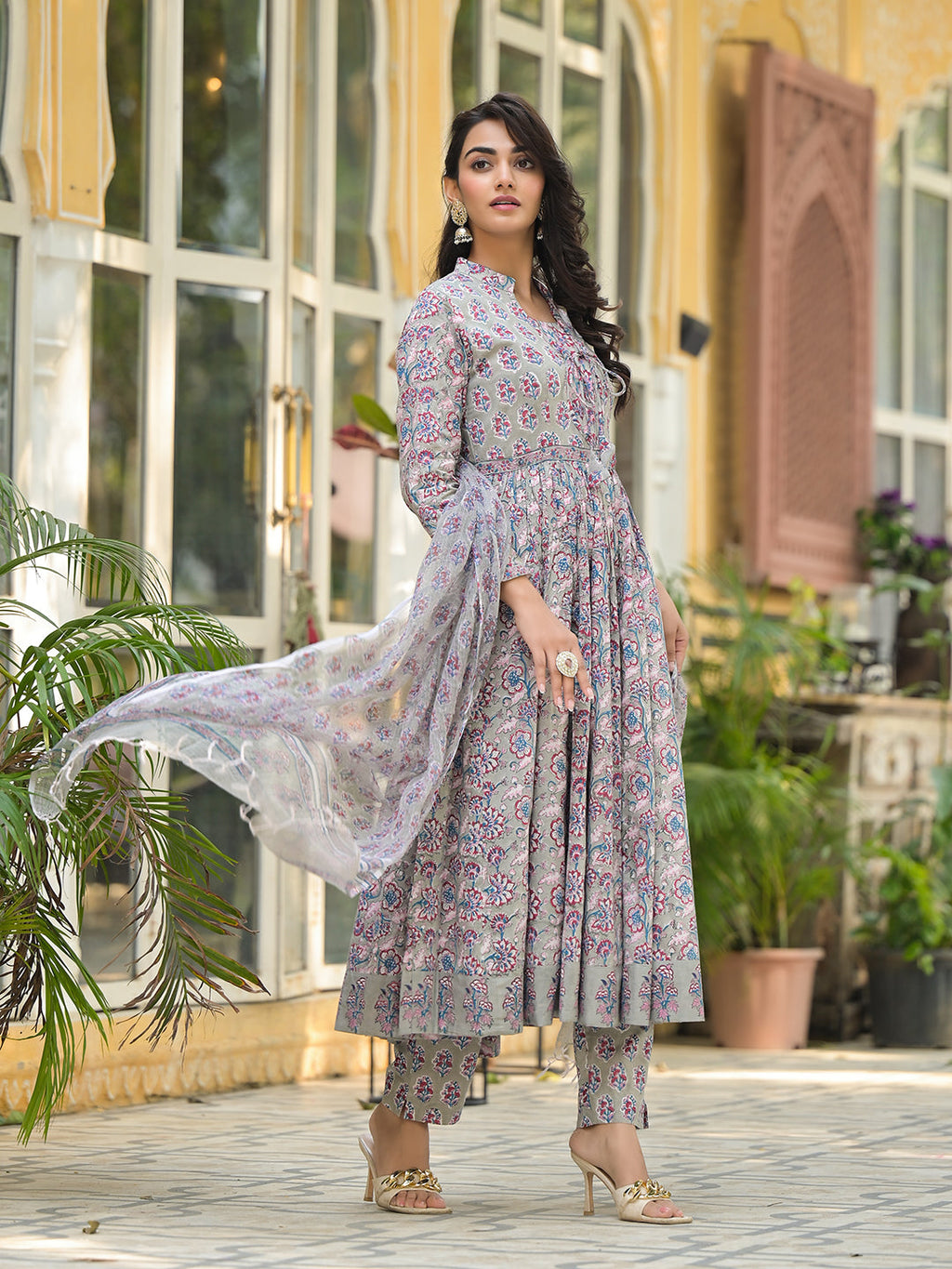 Noe Velarro Grey Floral Print Cotton Anarkali Kurta Trouser with Dupatta Set
