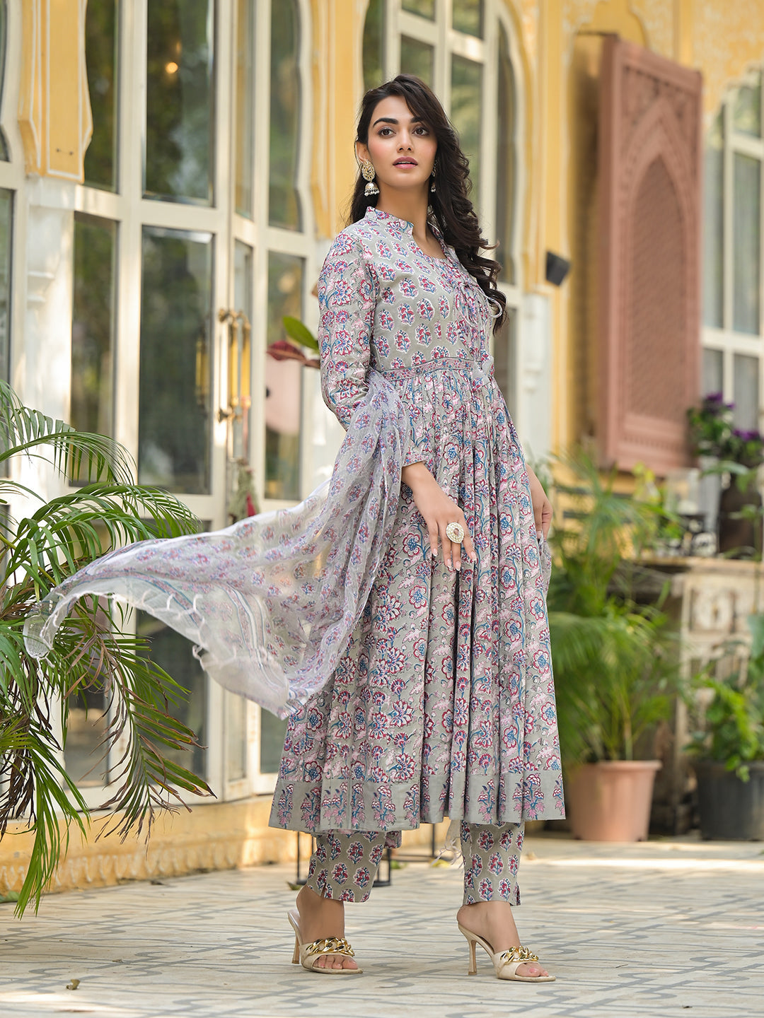 Noe Velarro Grey Floral Print Cotton Anarkali Kurta Trouser with Dupatta Set