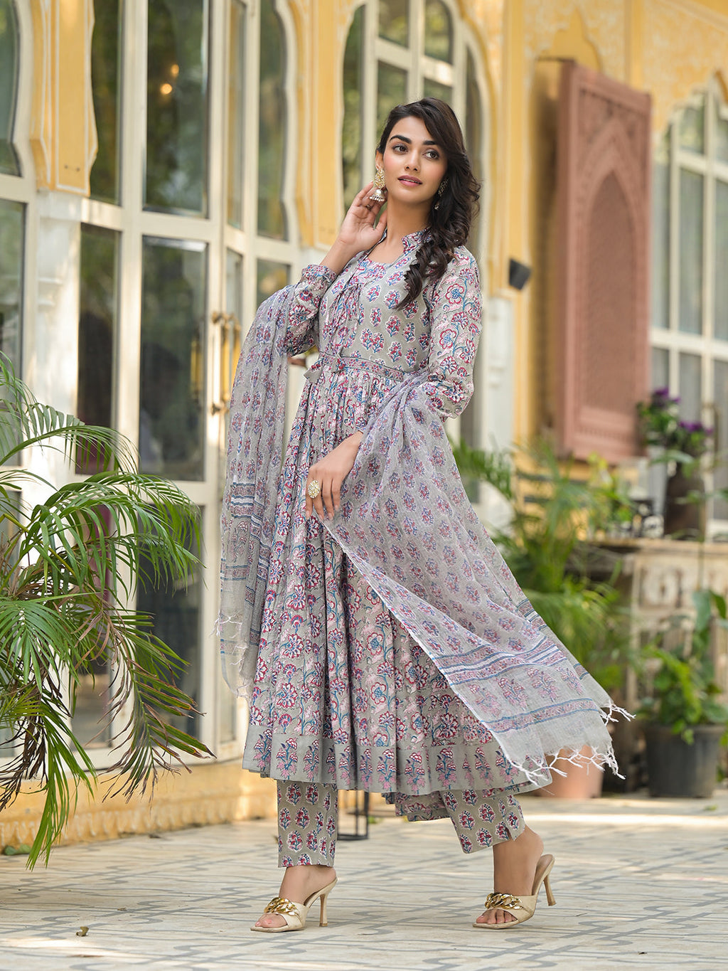 Noe Velarro Grey Floral Print Cotton Anarkali Kurta Trouser with Dupatta Set