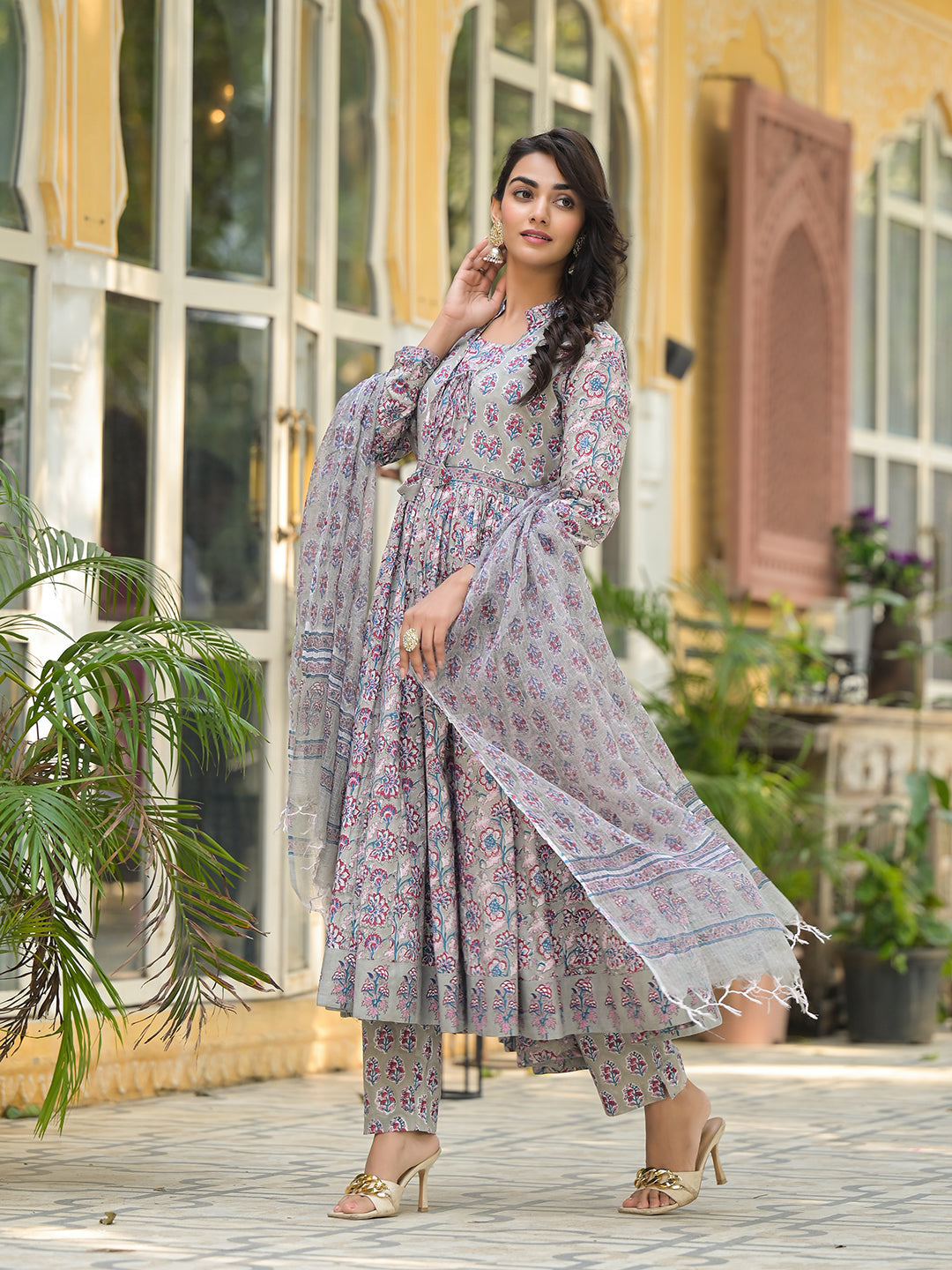 Noe Velarro Grey Floral Print Cotton Anarkali Kurta Trouser with Dupatta Set