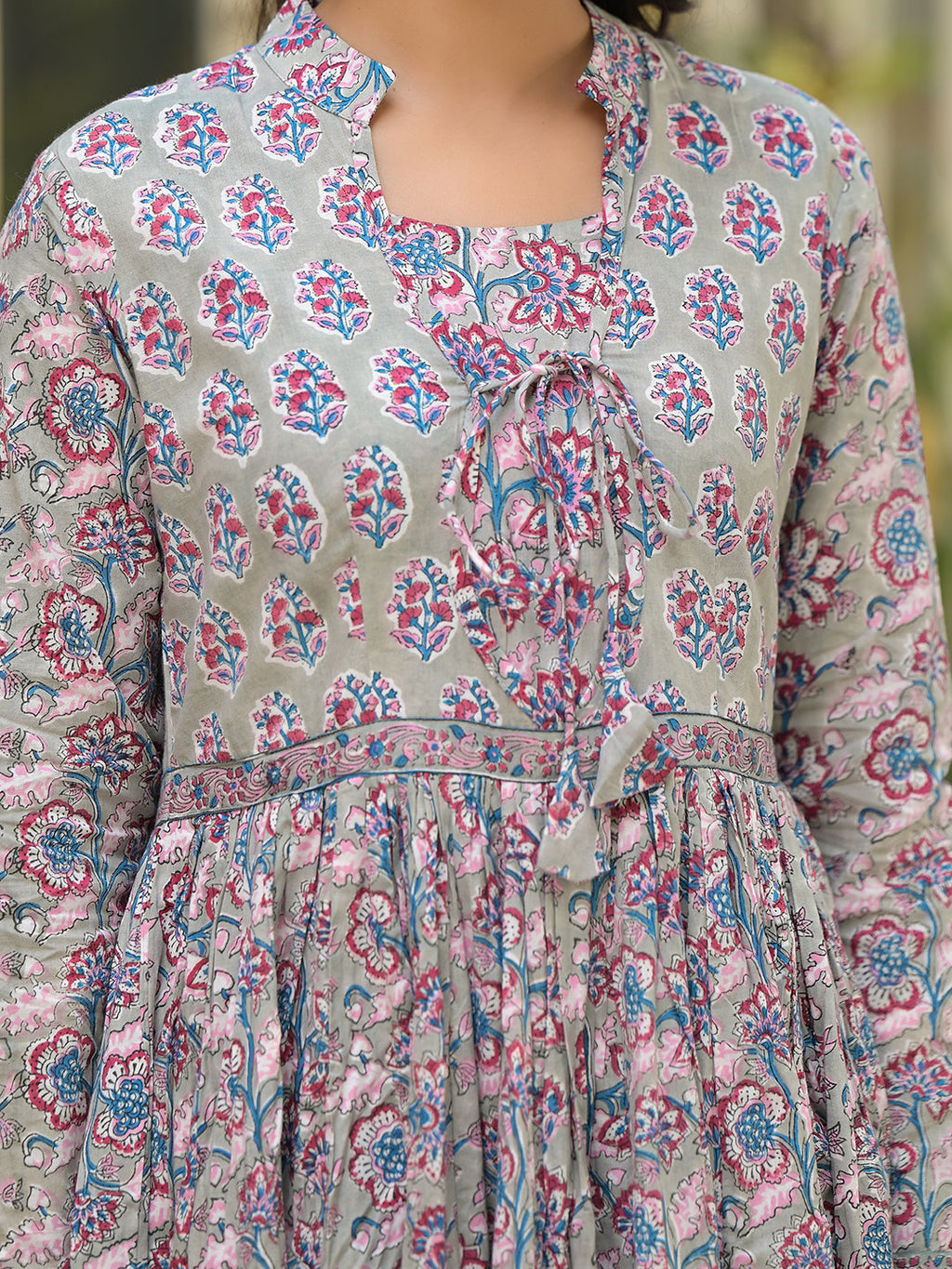 Noe Velarro Grey Floral Print Cotton Anarkali Kurta Trouser with Dupatta Set