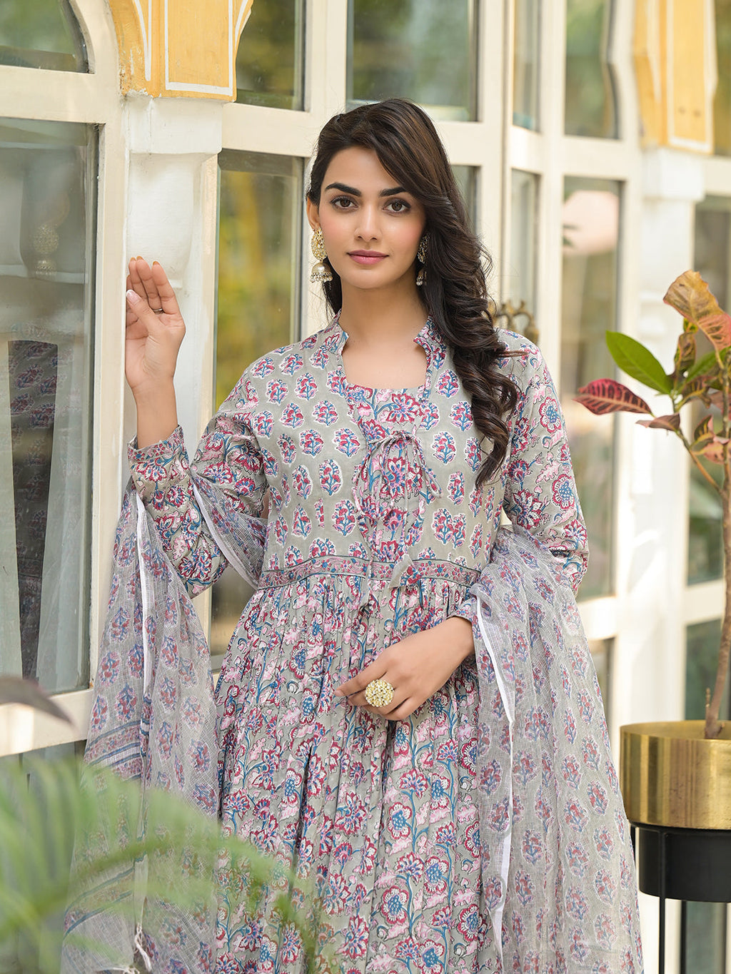 Noe Velarro Grey Floral Print Cotton Anarkali Kurta Trouser with Dupatta Set